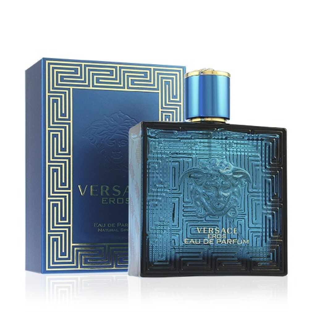 Türkisgrüner Flakon und Schachtel mit goldenen Verzierungen. Aufschrift: Versace Eros Eau de Parfum.