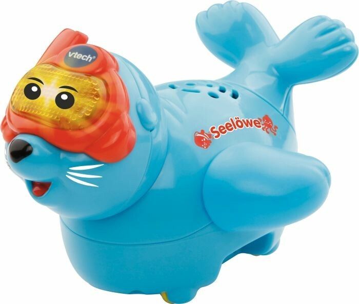 Blauer Seehund mit roter Taucherbrille. Aufschrift "Seelöwe". Marke VTech. Spielzeug für Babys.