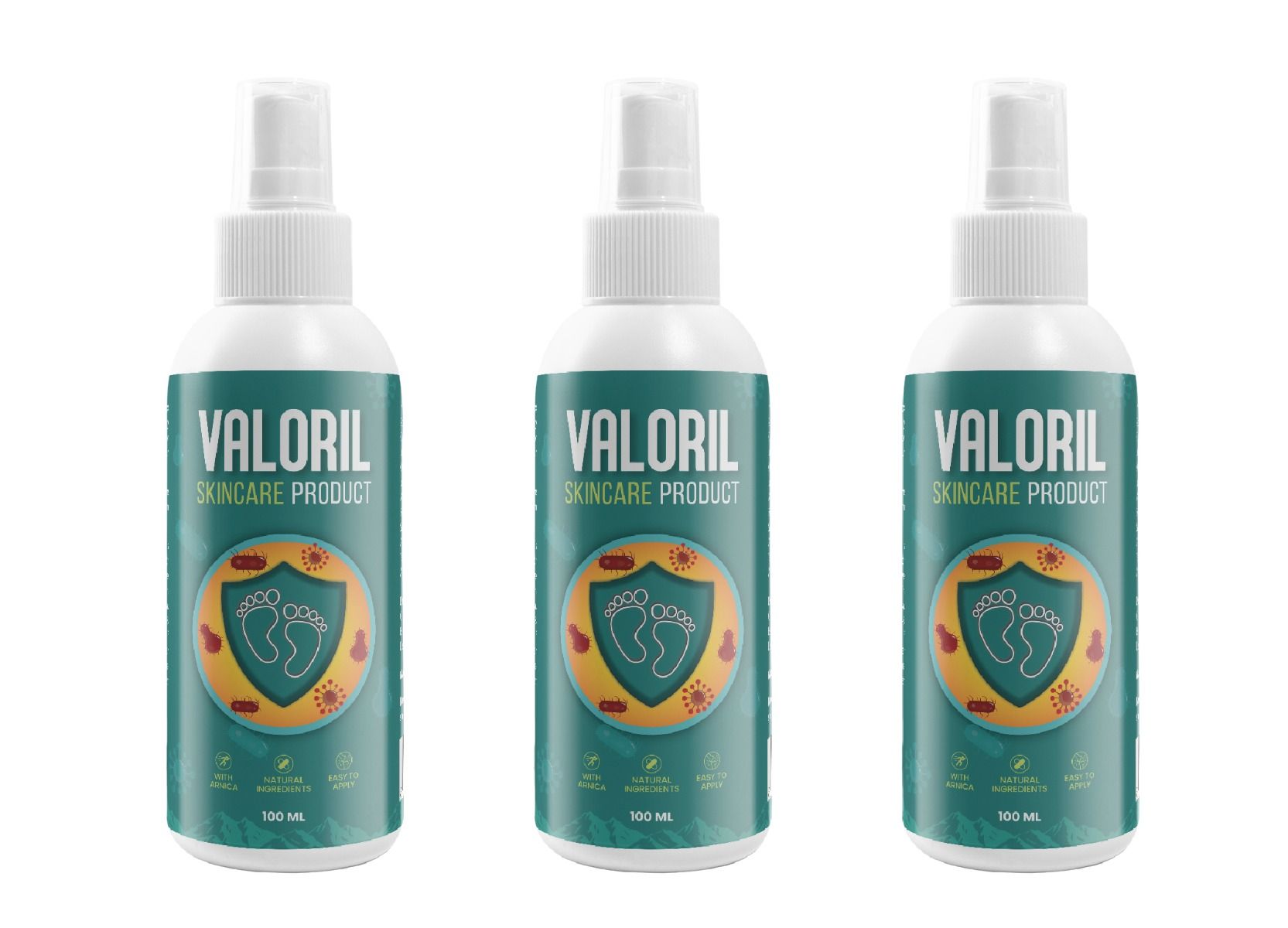 Drei Flaschen Valoril Hautpflegeprodukt mit Fußsymbol und Schutzschild-Grafik.