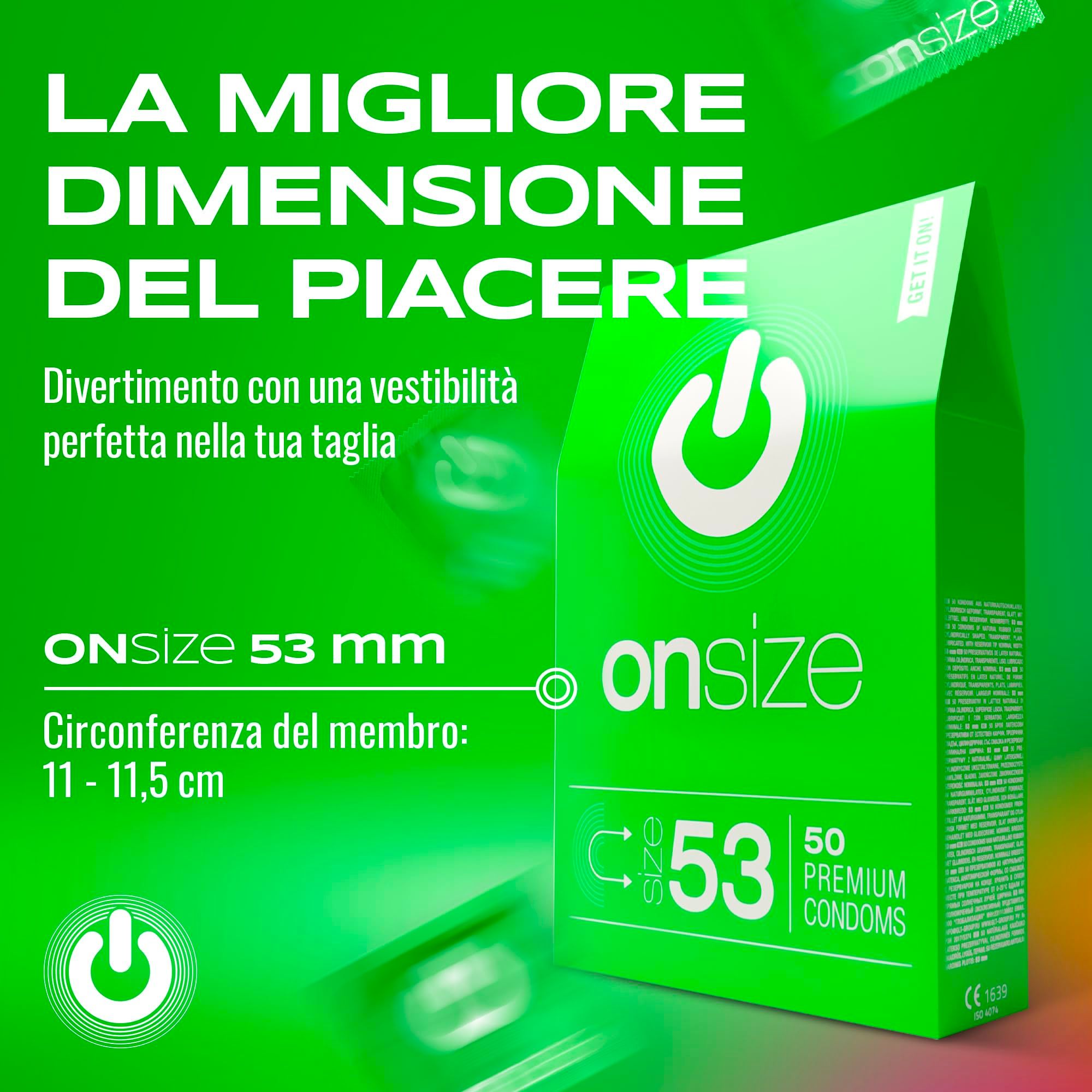 Grüne ONsize 53mm Kondompackung, 50 Stück. Text: 'Die beste Größe für Vergnügen'.