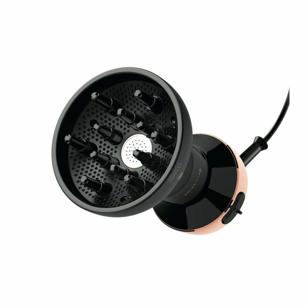 Warmluft-Diffusor mit schwarzem Diffusorkopf und roségoldfarbenem Griff. Schwarzes Kabel.