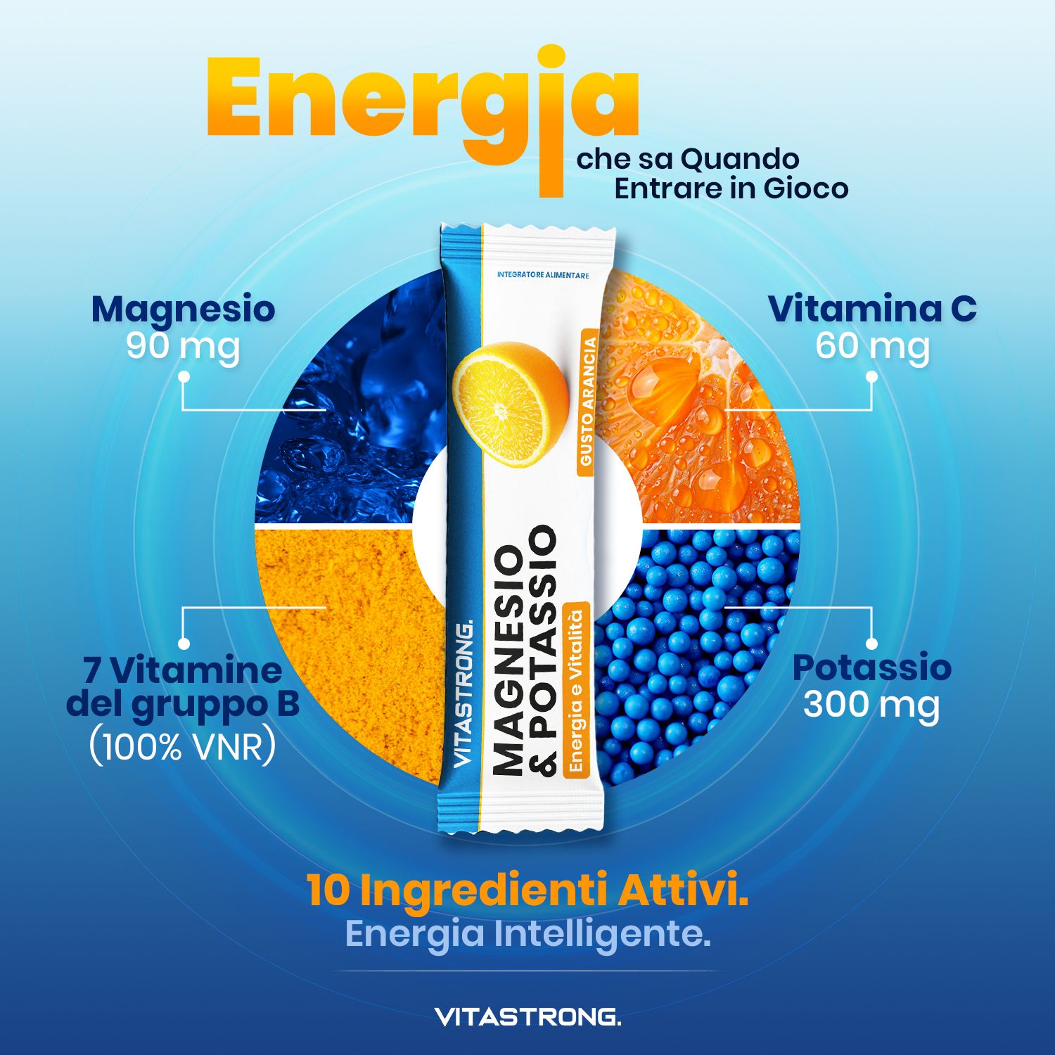 Vitastrong Magnesium & Kalium Stick. Enthält Magnesium, Vitamin C, Kalium, 7 B-Vitamine. 10 aktive Inhaltsstoffe. Orange-Geschmack.