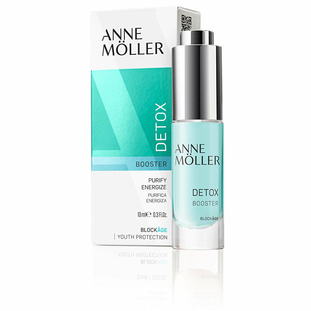 Flakon mit silbernem Verschluss und Karton. Aufschrift: Anne Möller Detox Booster. Verpackung mit Produktinformationen.
