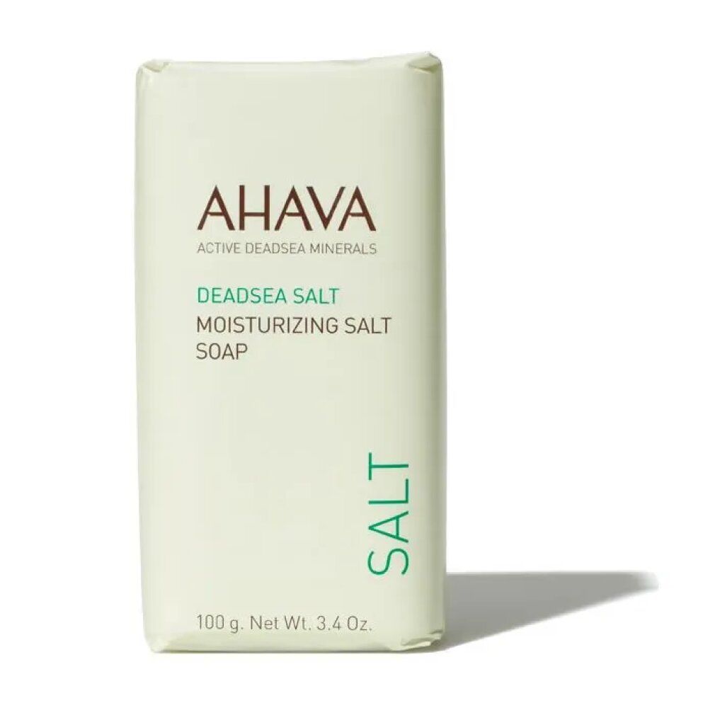 AHAVA DEADSEA SALT Seife. Rechteckige Verpackung mit grüner Schrift. Gewicht: 100 g.