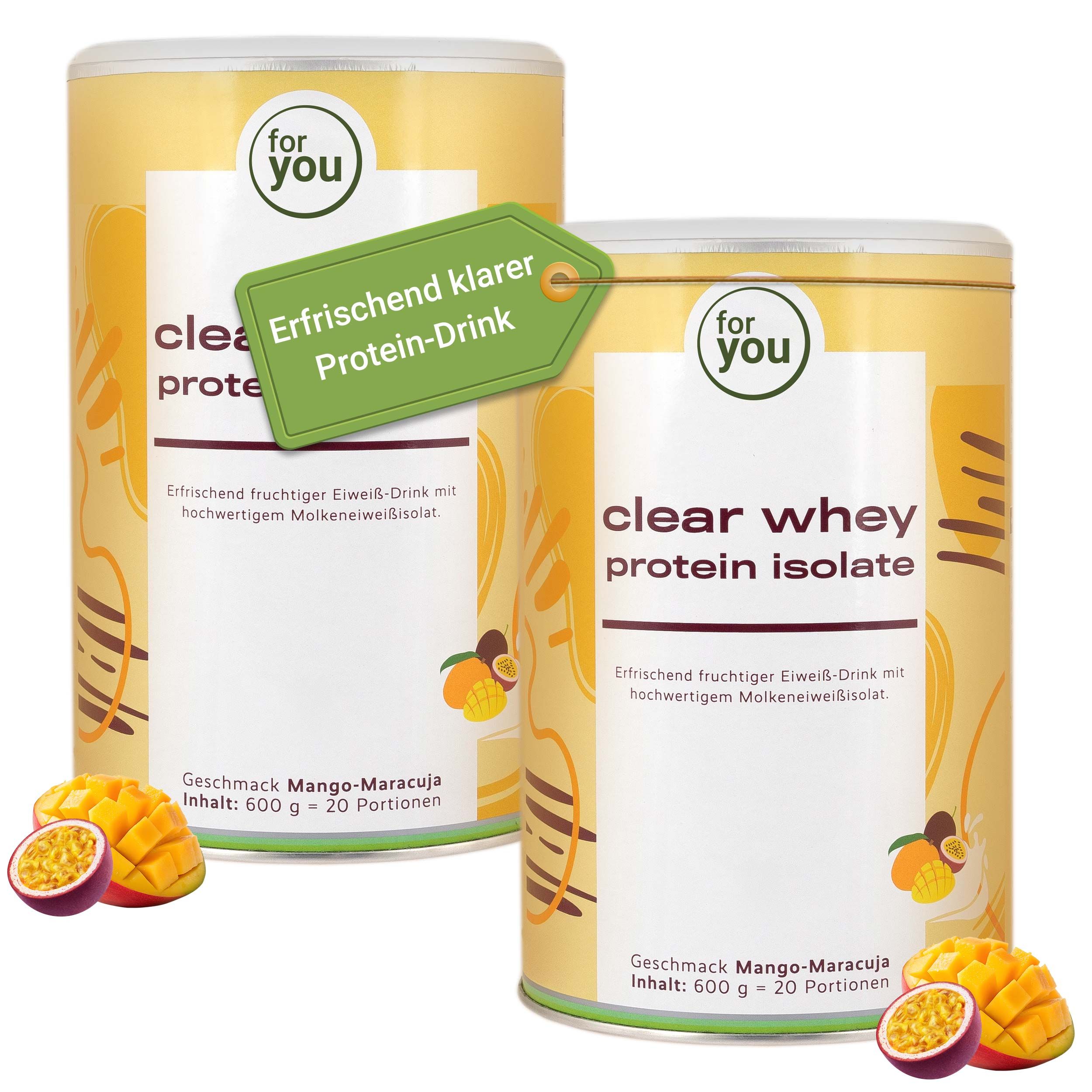 Zwei Dosen Clear Whey Protein Isolate Mango-Maracuja. Eine Dose mit Anhänger 'Erfrischend klarer Protein-Drink'.