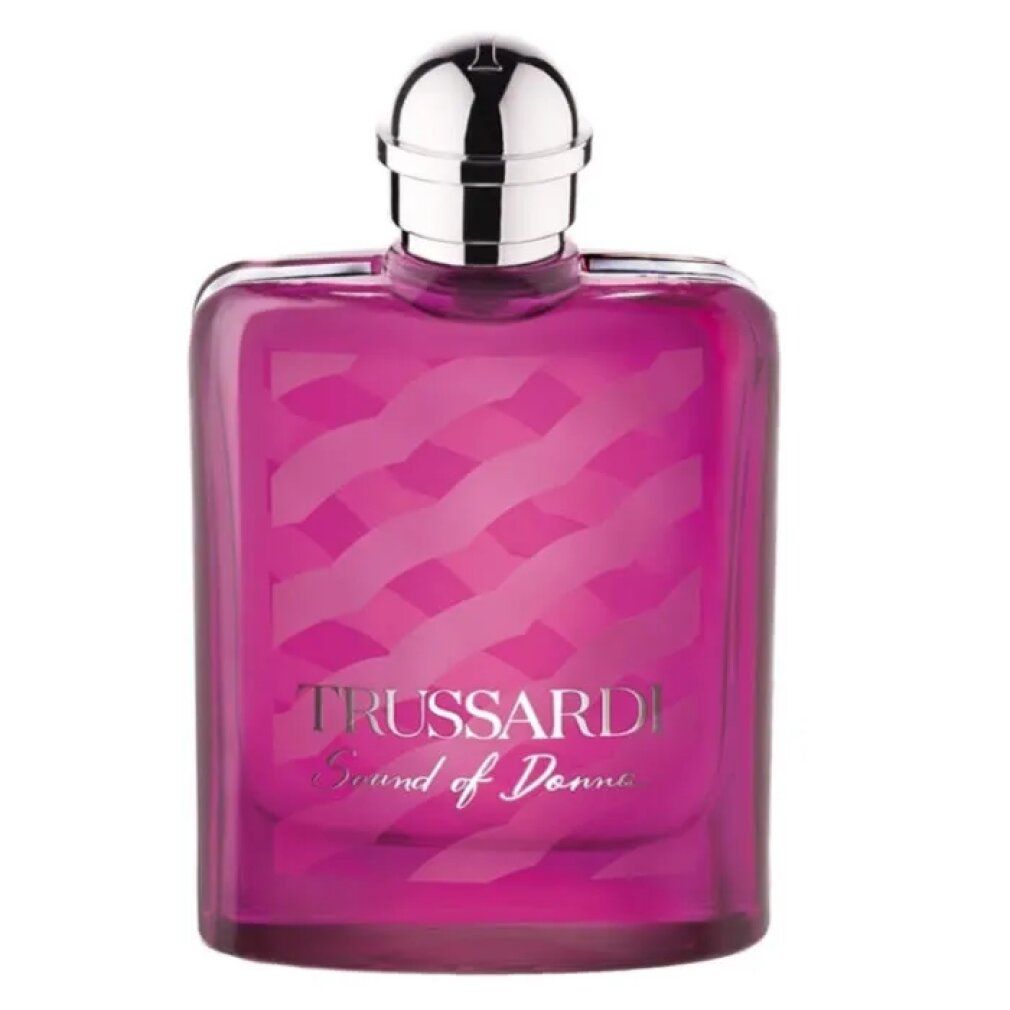 Rosa Flakon mit silbernem Verschluss. Aufschrift: Trussardi Sound of Donna.