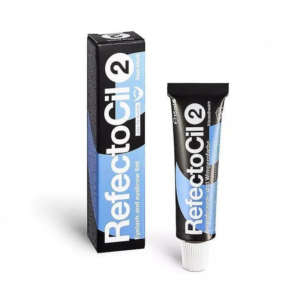Produkt Refectocil 2 blauschwarz in Tube und Schachtel. Enthält Augenbrauen- und Wimpernfarbe.