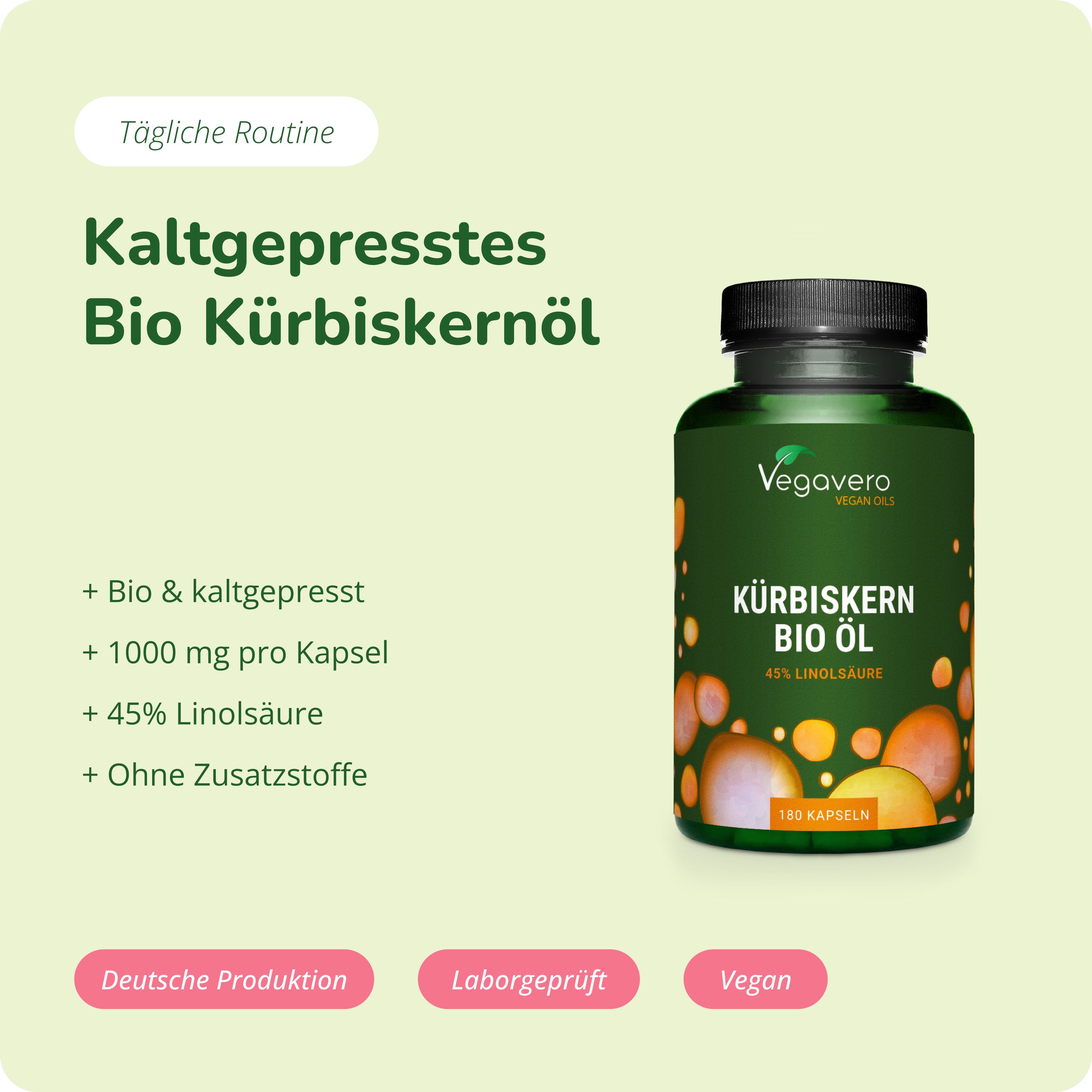 Vegavita Kürbiskernöl Kapseln: 1000 mg pro Kapsel, 45% Linolsäure, kaltgepresst, bio, ohne Zusatzstoffe. Deutsche Produktion, laborgeprüft, vegan.