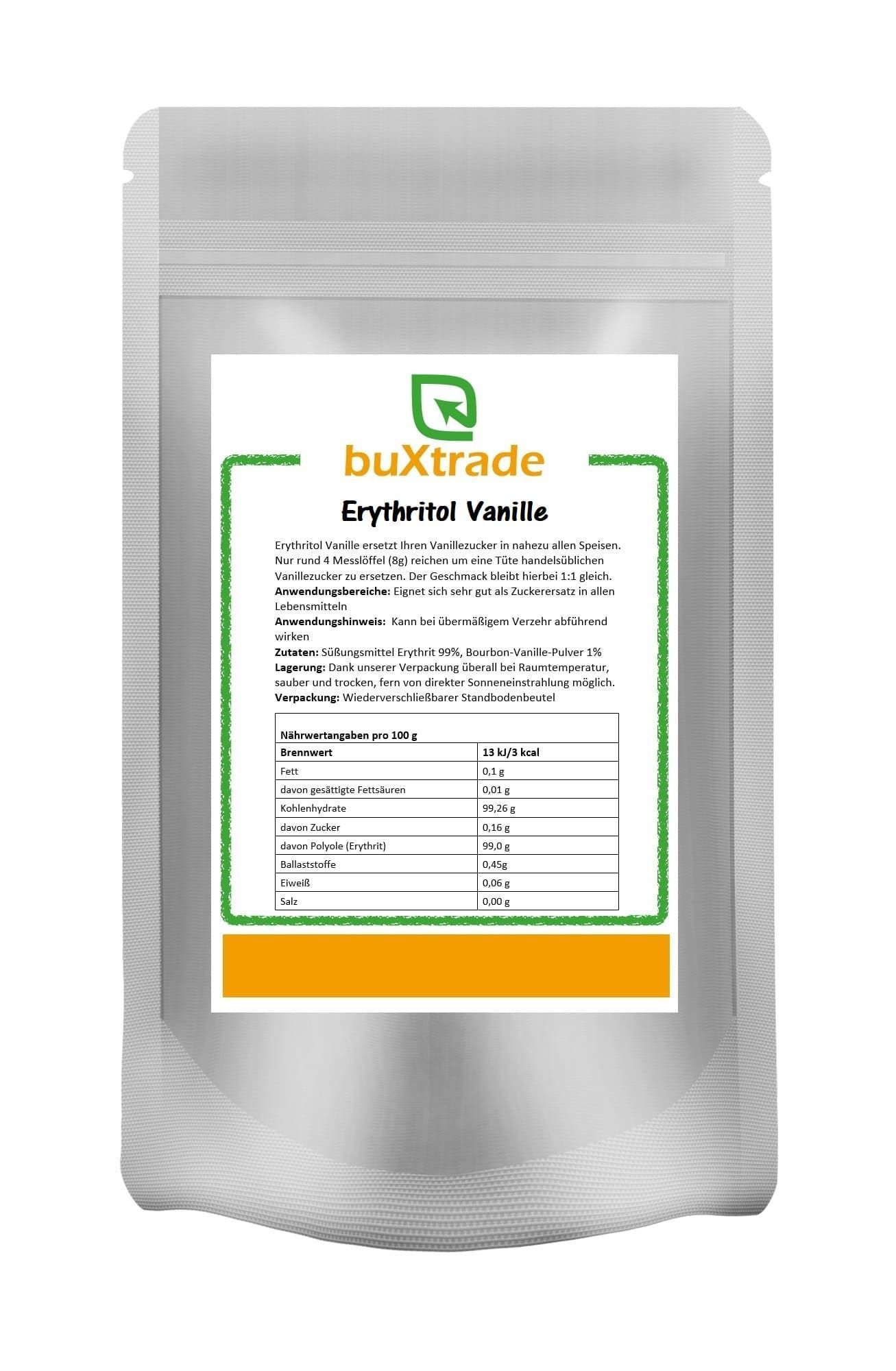 Beutel mit Produktetikett. Aufschrift: buXtrade Erythritol Vanille. Text und Nährwertangaben.