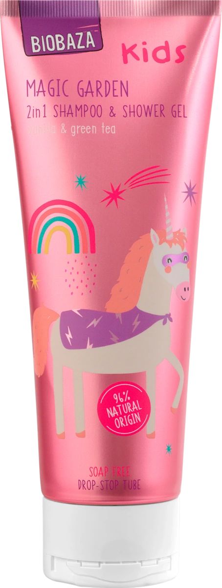 Rosa Tube mit Einhorn-Illustration. Text: Biobaza Kids Magic Garden 2in1 Shampoo & Shower Gel. 96% natürlichen Ursprungs.