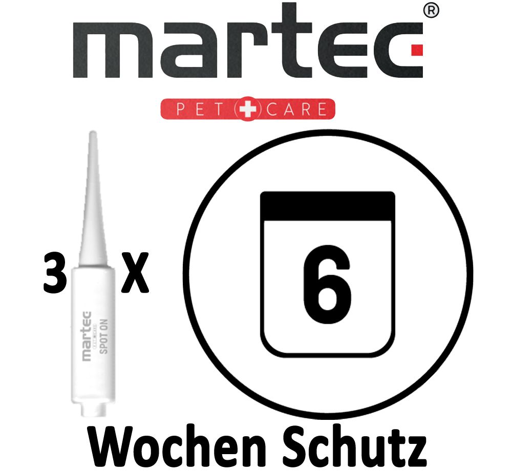 Produkt mit 3 Pipetten und einem Kalendersymbol mit der Zahl 6. Text: Wochen Schutz. Marke: martec, Pet Care.