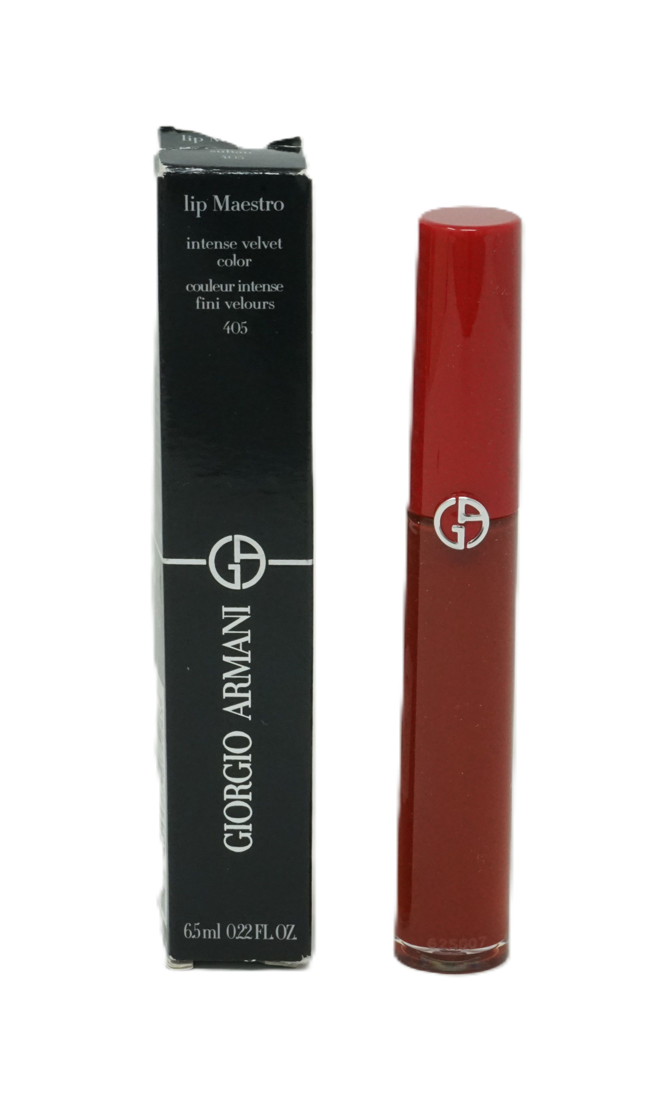 Giorgio Armani Lip Maestro 405 Lippenstift und Verpackung. Schwarze Schachtel, roter Stift. Text: Lip Maestro, Giorgio Armani.