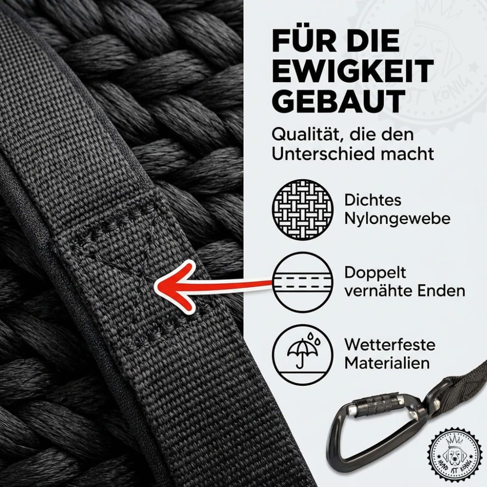 Nahaufnahme einer schwarzen Hunde-Schleppleine. Text: Für die Ewigkeit gebaut. Dichtes Nylongewebe. Doppelt vernähte Enden. Wetterfeste Materialien.
