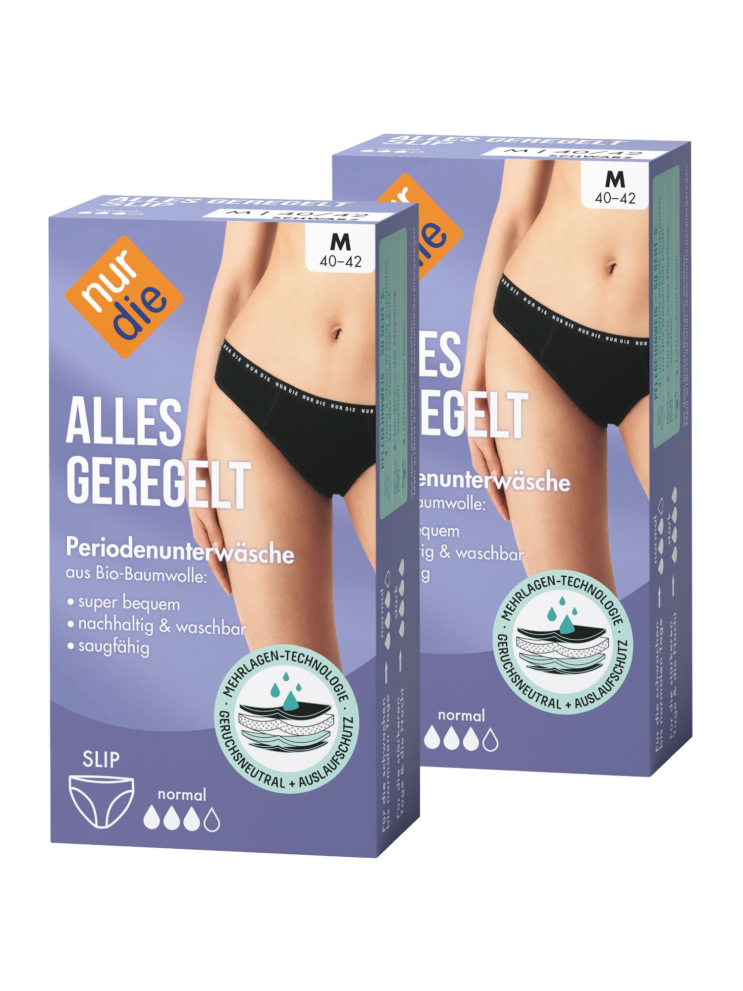Zwei Packungen Periodenunterwäsche. Schwarze Slips in Größe 40-42. Verpackung mit Produktname und Eigenschaften. Marke: nur die.