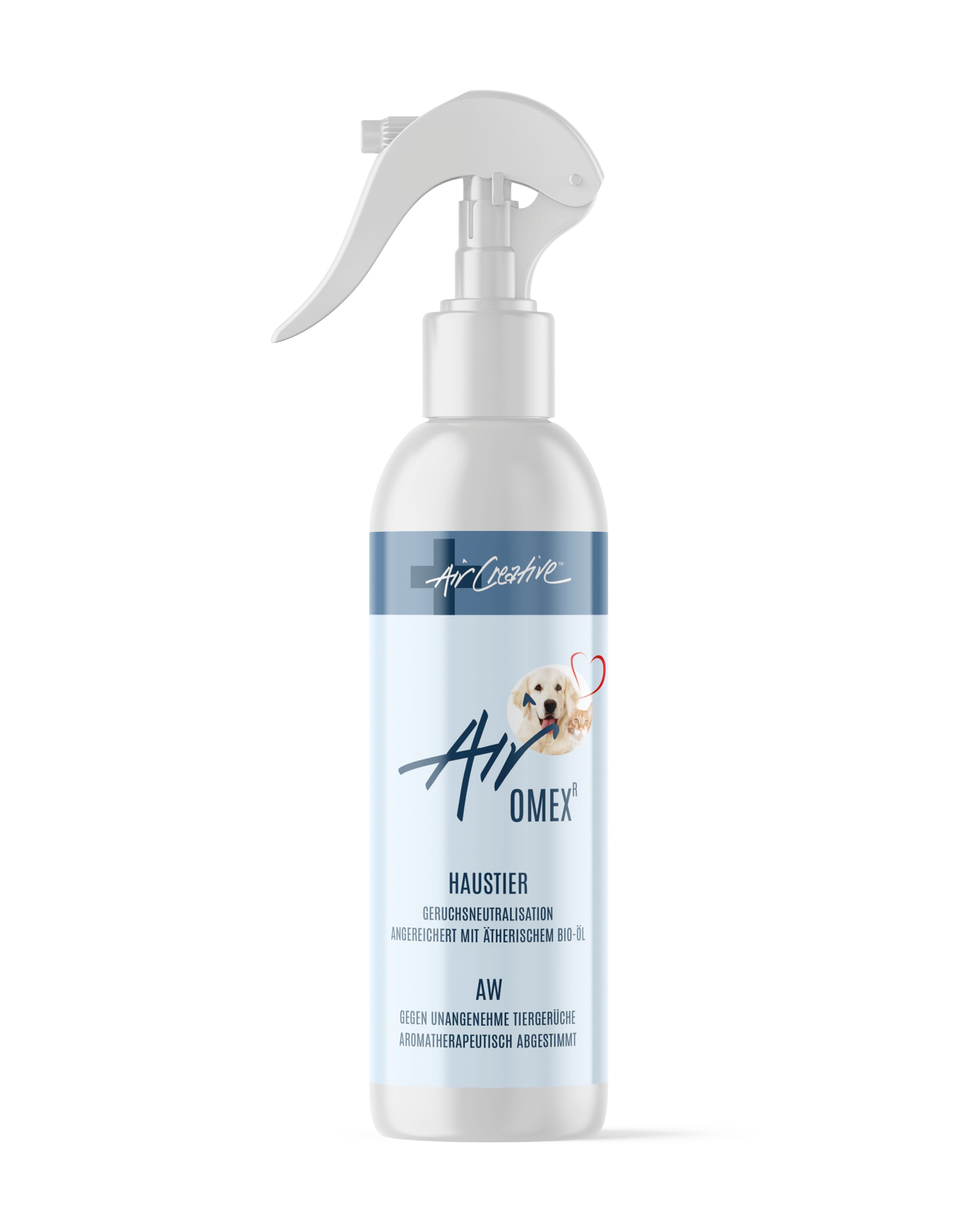 Weiße Sprühflasche mit blauem Etikett. Text: Air Creative, Airomex® AW Haustier. Mit Bio-Duft. Sprühkopf.