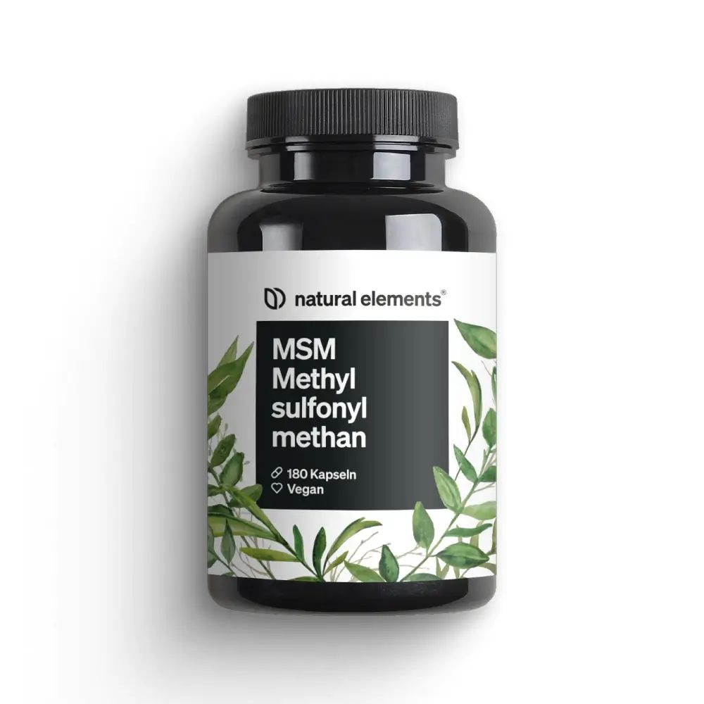Schwarze Flasche mit weißem Etikett. Aufschrift: MSM Methylsulfonylmethan, 180 Kapseln, Vegan. Marke: natural elements.