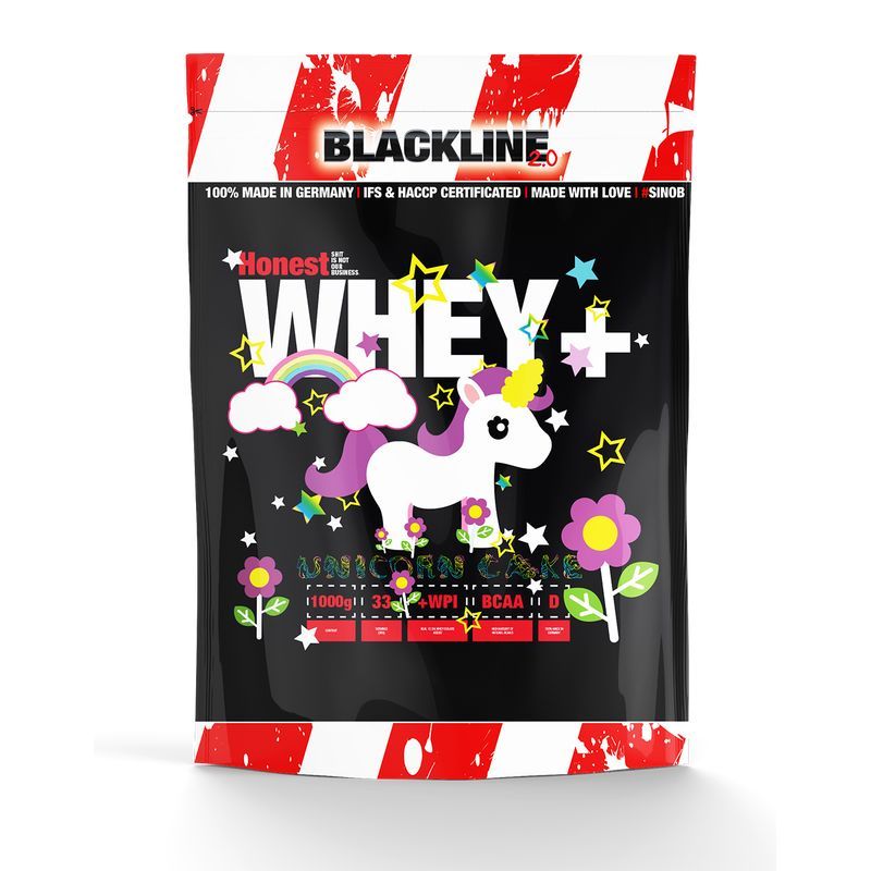 Sinob Honest Whey+ Beutel. Schwarz mit Einhorn-Illustration, Produktname und Logo. Rote und weiße Streifen.