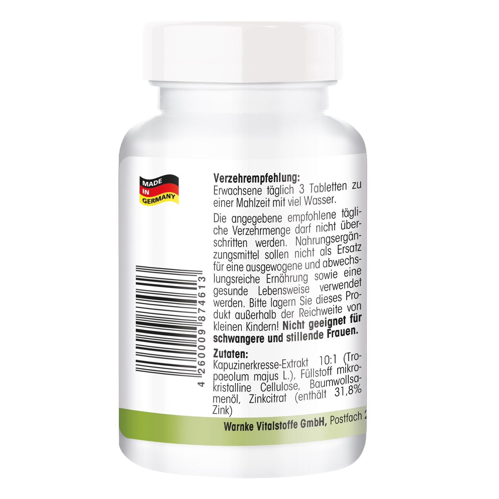 Rückseite einer weißen Tablettenflasche. Text: Verzehrempfehlung, Zutaten, Warnke Vitalstoffe GmbH. Made in Germany.