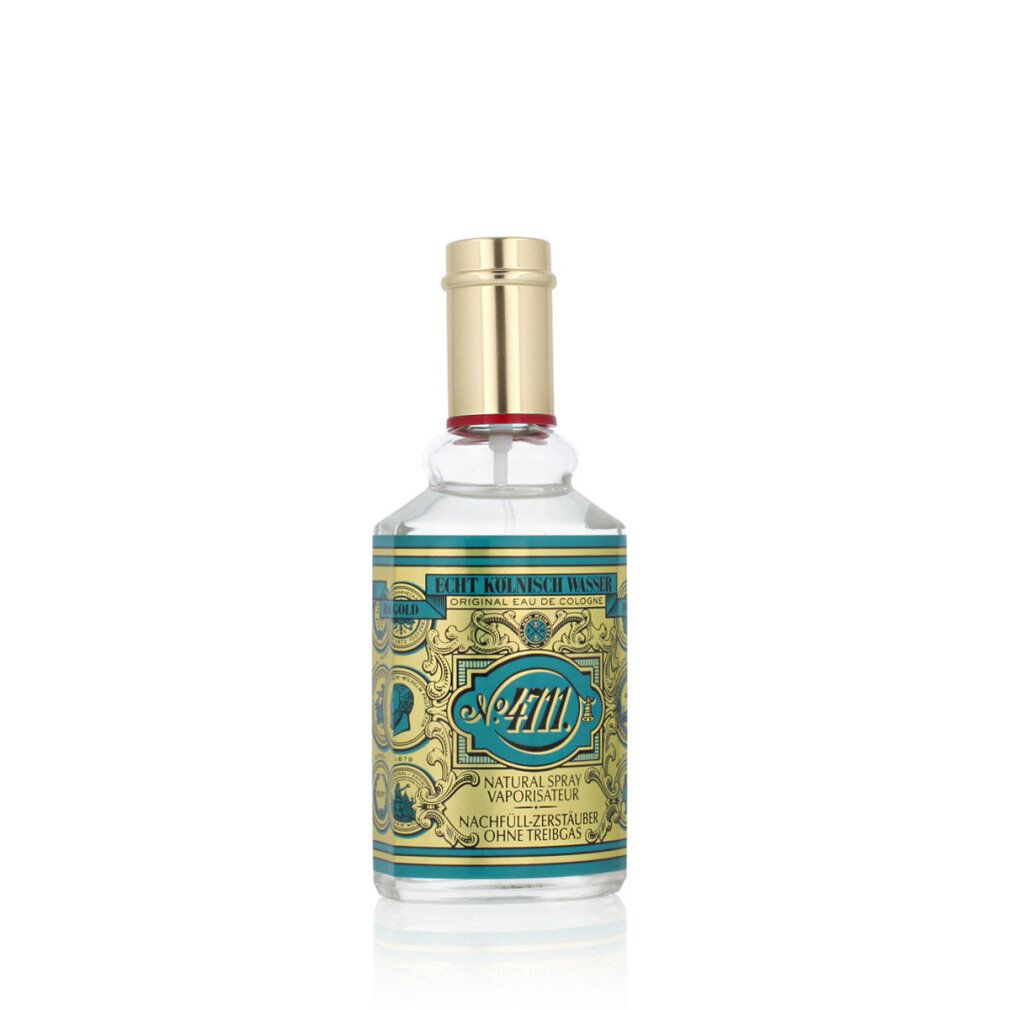 Klarflasche mit goldfarbenem Verschluss. Aufschrift: 4711 Echt Kölnisch Wasser. Türkis-goldfarbenes Etikett.