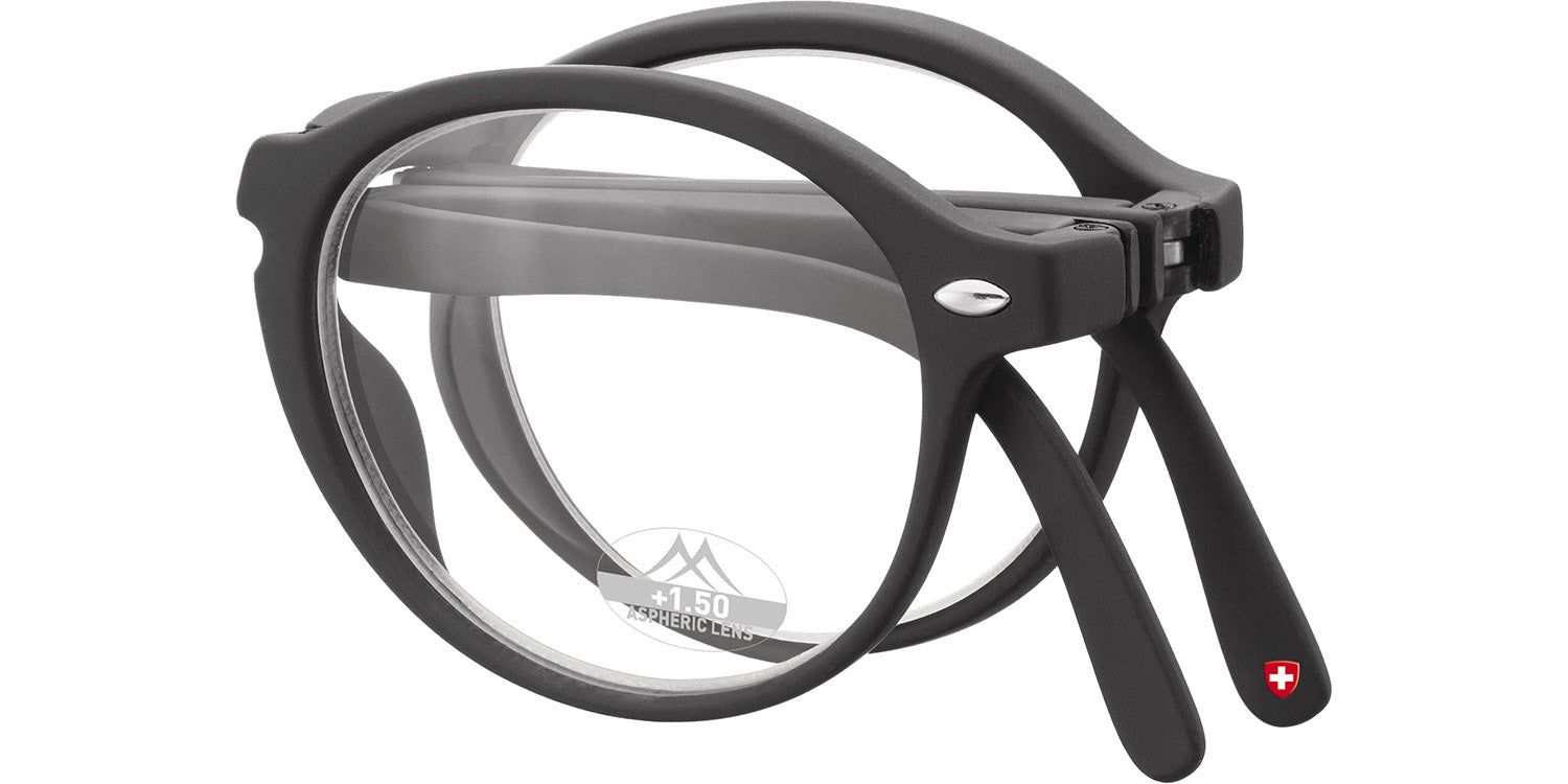 Gefaltete Lesebrille, schwarz, runde Gläser. Bügel mit Schweizer Kreuz. Montana Eyewear Logo auf dem Glas.
