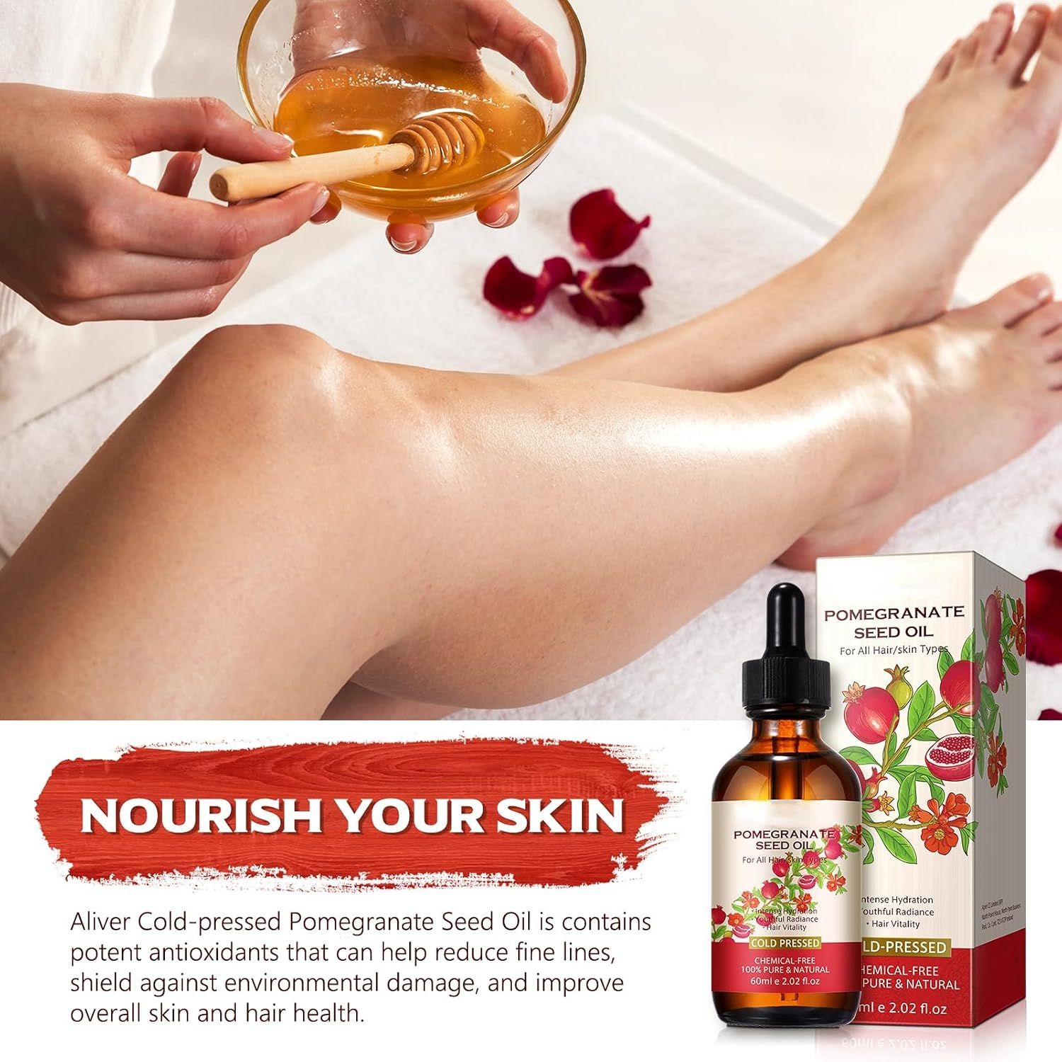 Beine, Haut mit Öl. Braune Flasche mit Pipette, Granatapfelöl. Text: Nourish Your Skin. Verpackung.