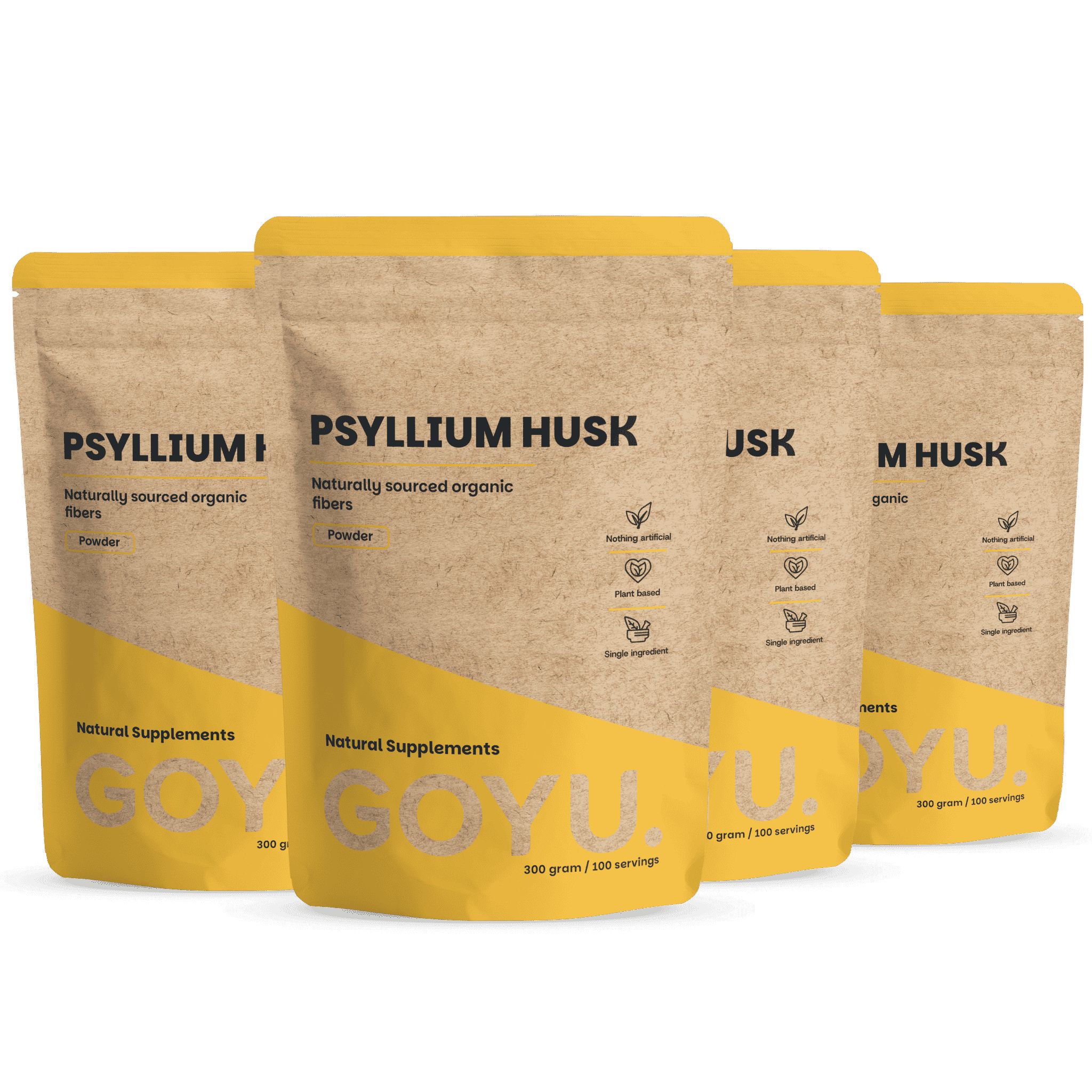 Vier Packungen GOYU Psyllium Husk Pulver, 300g pro Packung. Natürliche Ballaststoffe.