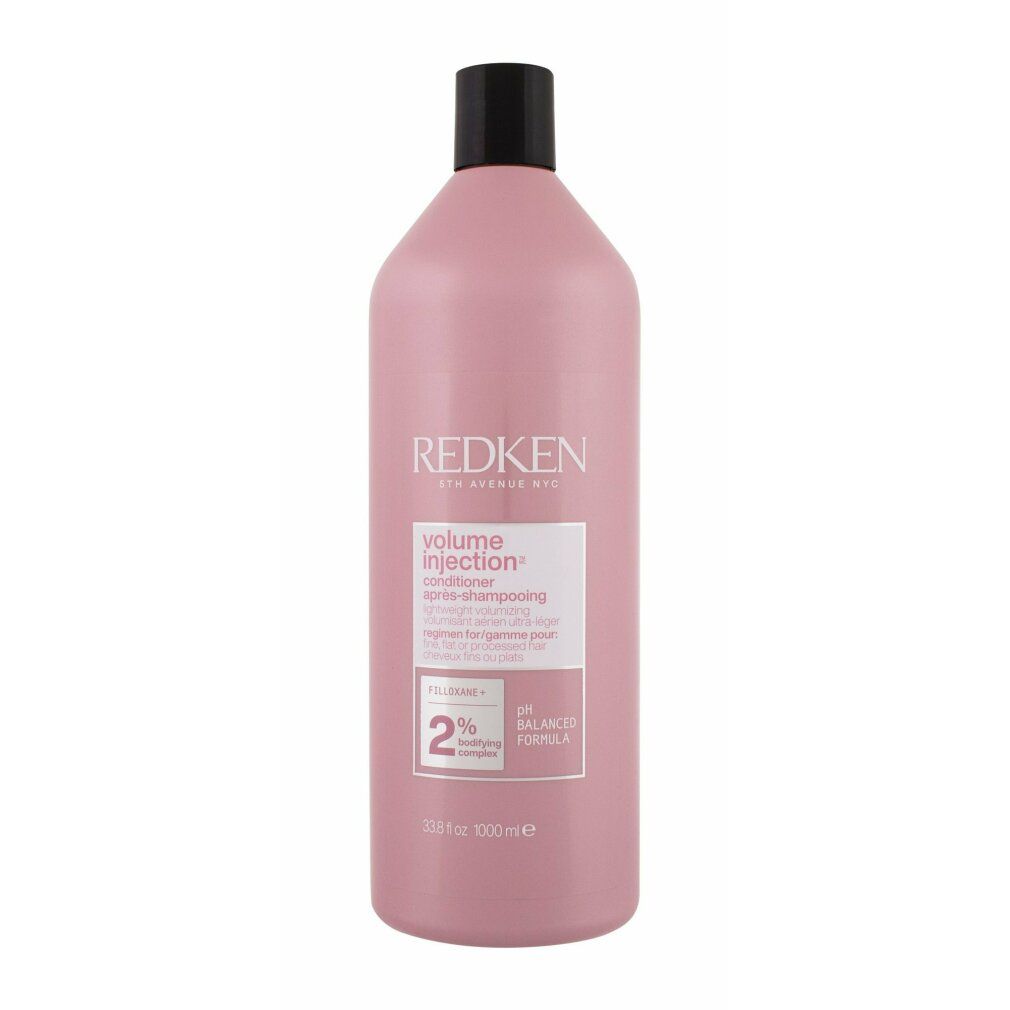 Rosa Flasche mit schwarzem Deckel. Etikett mit Produktinformationen. Marke Redken.