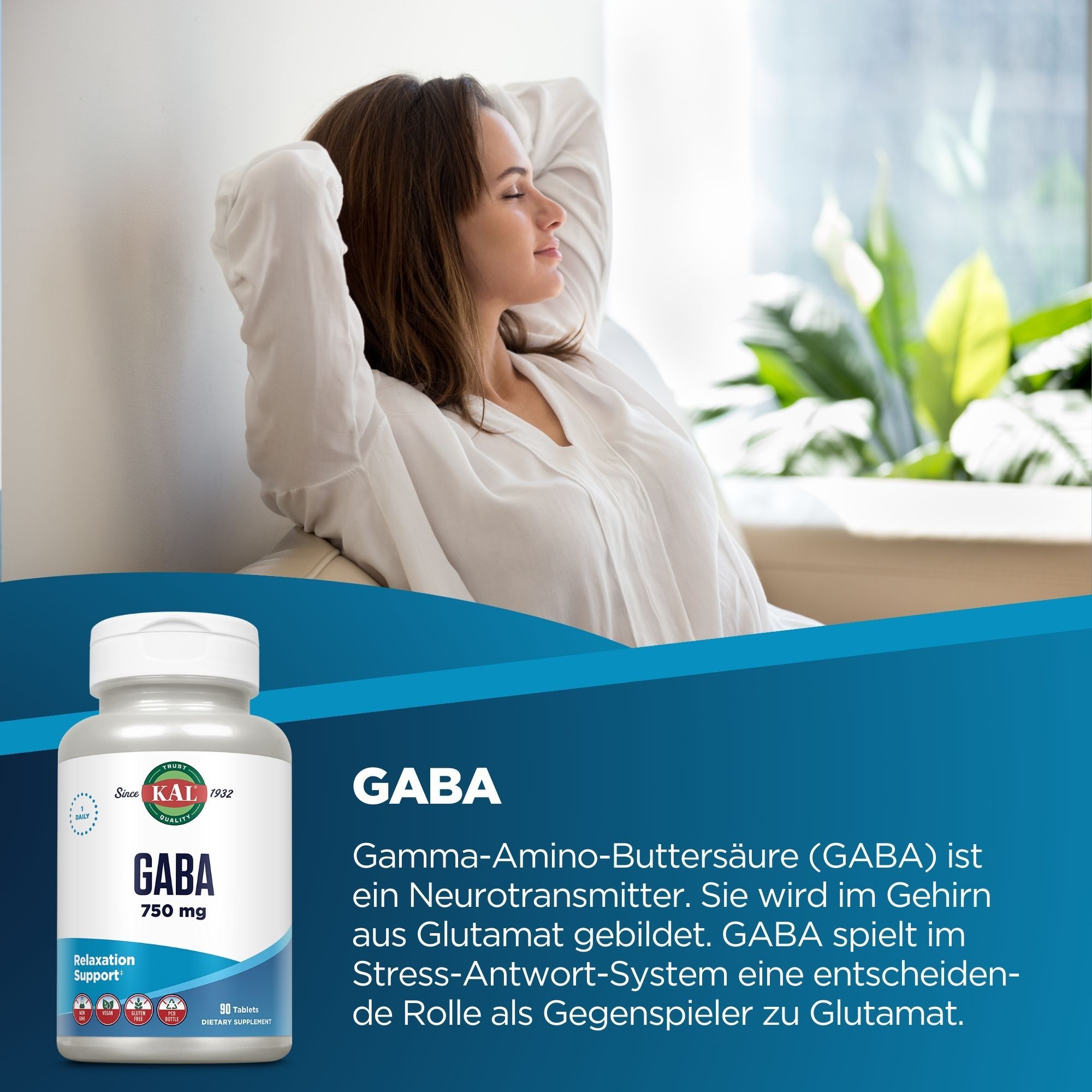 Eine Flasche KAL GABA 750 mg. Aufschrift: GABA 750 mg, Relaxation Support. Frau im Hintergrund.