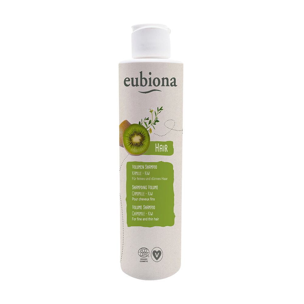 Zylindrische Flasche mit weißem Deckel. Aufschrift "eubiona". Abbildung einer Kiwi und grüner Text. Volumen Shampoo für feines Haar.