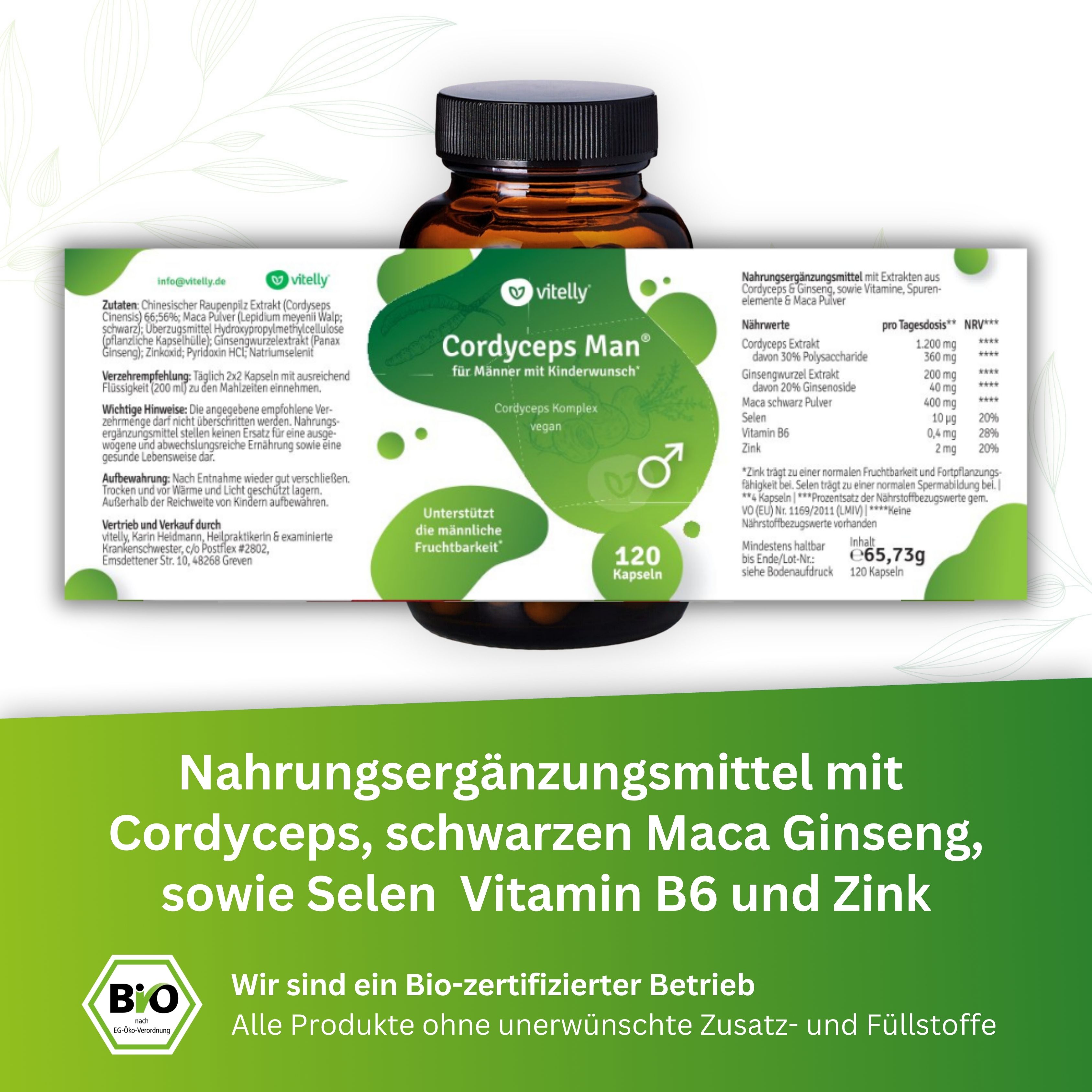 Braune Glasflasche mit Kapseln. Aufkleber mit Produktinformationen und Logo. Bio-Zertifizierung.