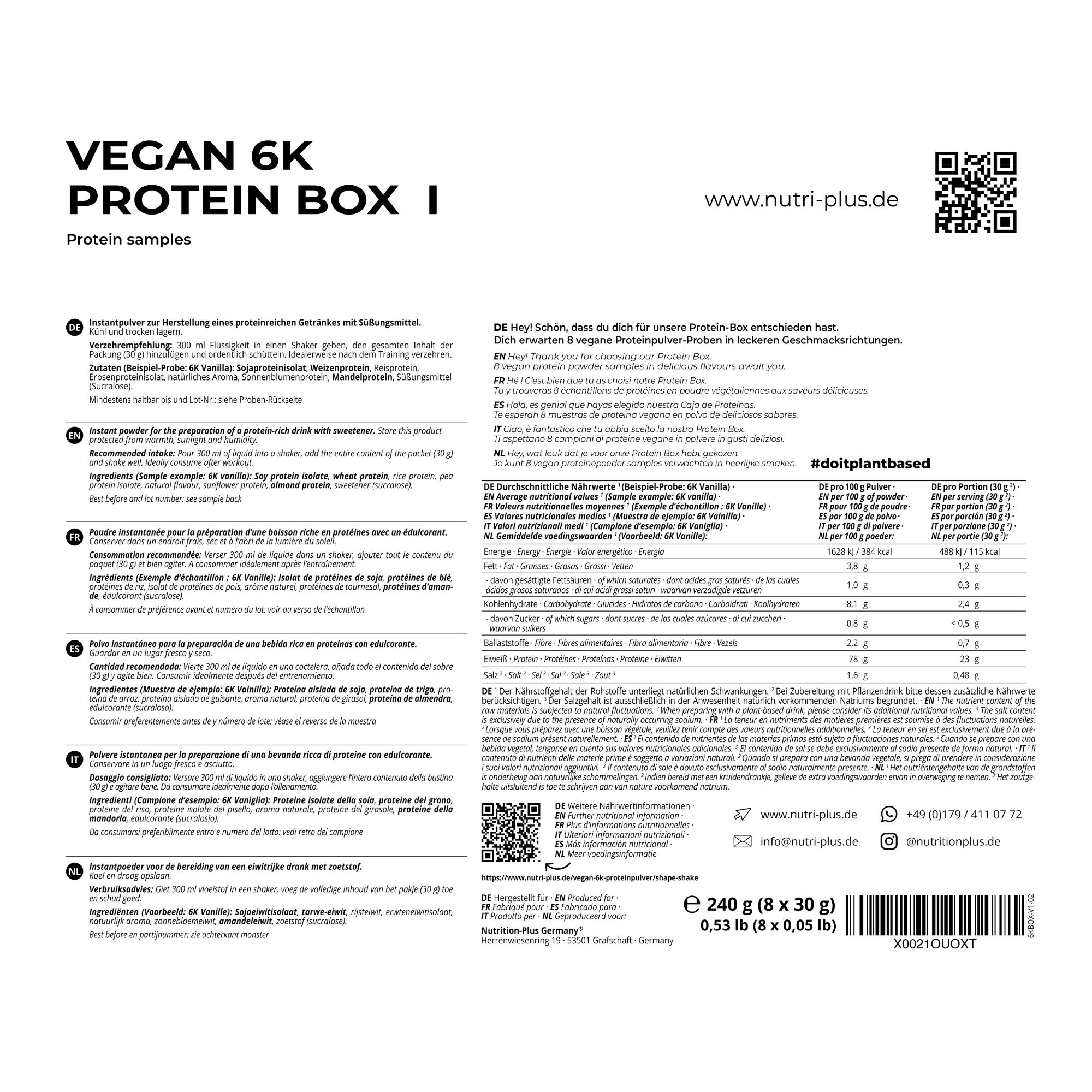 Produktverpackung mit Text und Nährwertangaben. Text: Vegan 6K Protein Box I, Protein samples, www.nutri-plus.de.