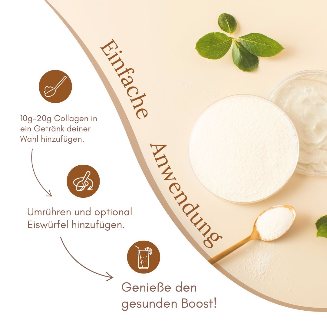 Anwendung von marble© Collagen Pro. Schritte: Collagen in Getränk geben, umrühren, Eiswürfel hinzufügen.