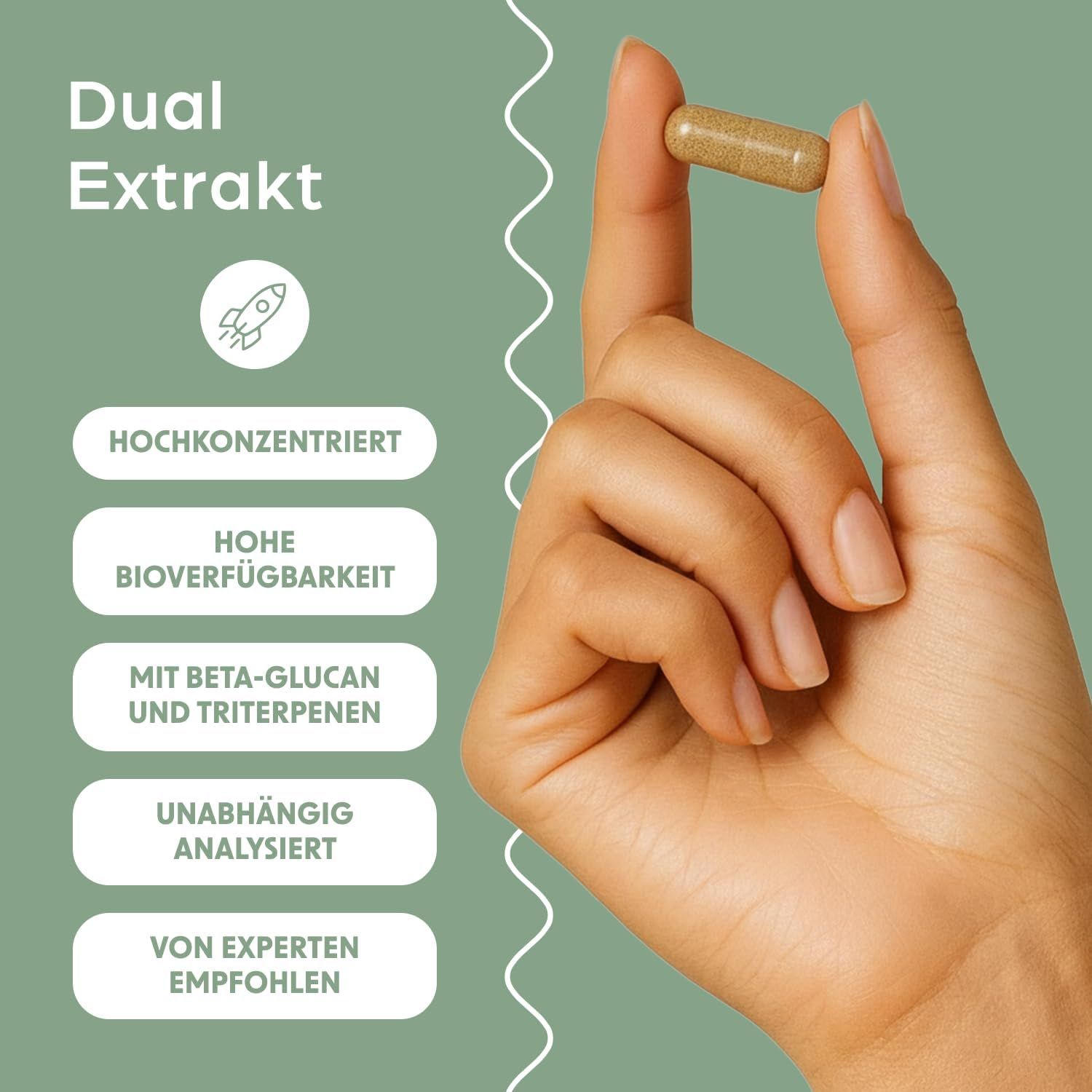 Hand hält eine Kapsel. Text: Dual Extrakt, hochkonzentriert, hohe Bioverfügbarkeit, mit Beta-Glucan, unabhängig analysiert.