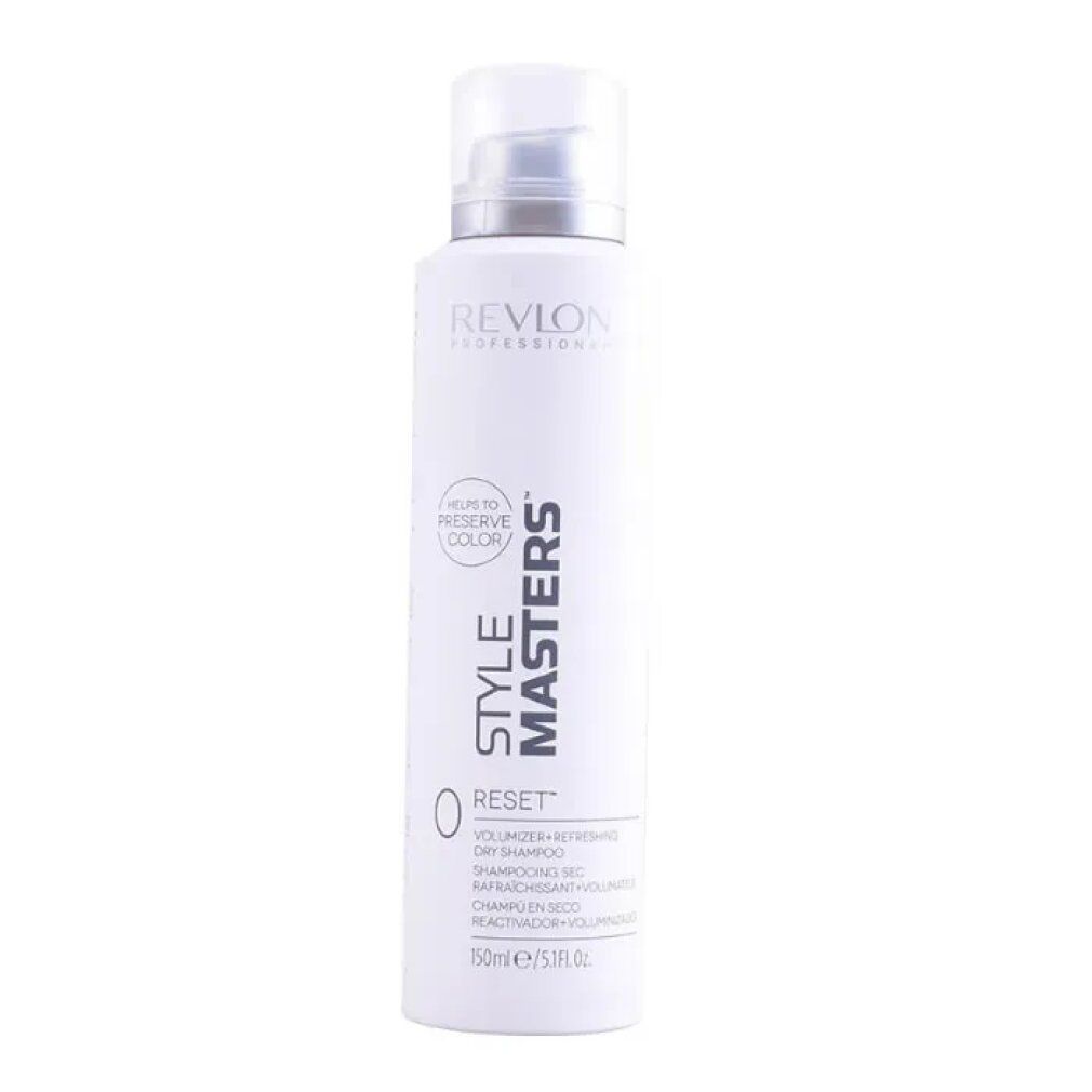 Weißes Shampoo-Spray mit silbernem Sprühkopf. Aufschrift: Revlon Style Masters Reset. Volumen-Shampoo.