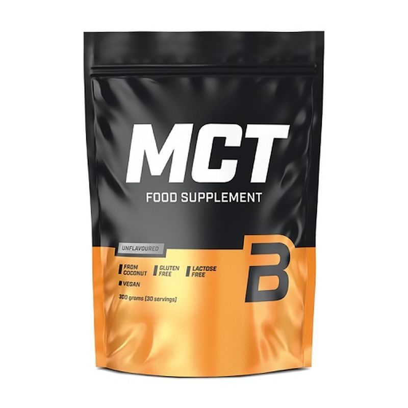 Beutel mit MCT-Nahrungsergänzungsmittel. Schwarzer Beutel mit weißem "MCT"-Schriftzug. Enthält "Unflavoured", "Vegan", "Gluten Free", "Lactose Free".