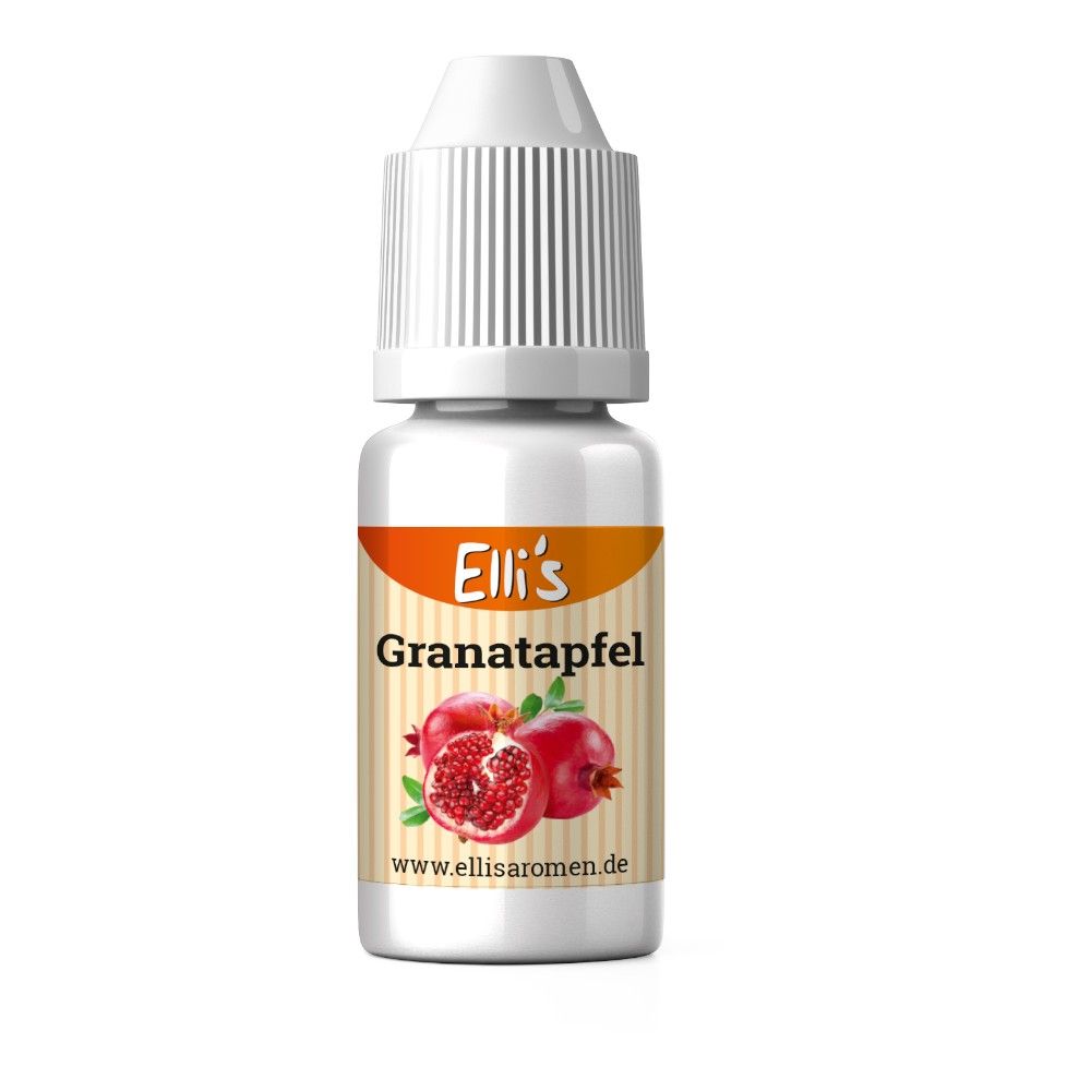 Fläschchen mit weißem Deckel. Etikett mit "Elli's Granatapfel" und Granatapfel-Illustration.