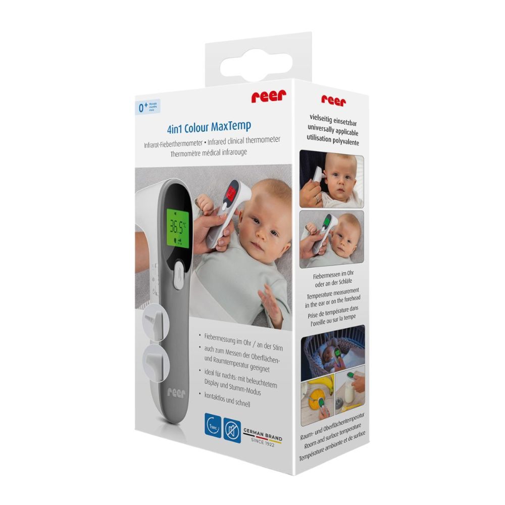 Verpackung des reer 4in1 Colour MaxTemp Infrarot-Fieberthermometers. Produktabbildungen und Text.