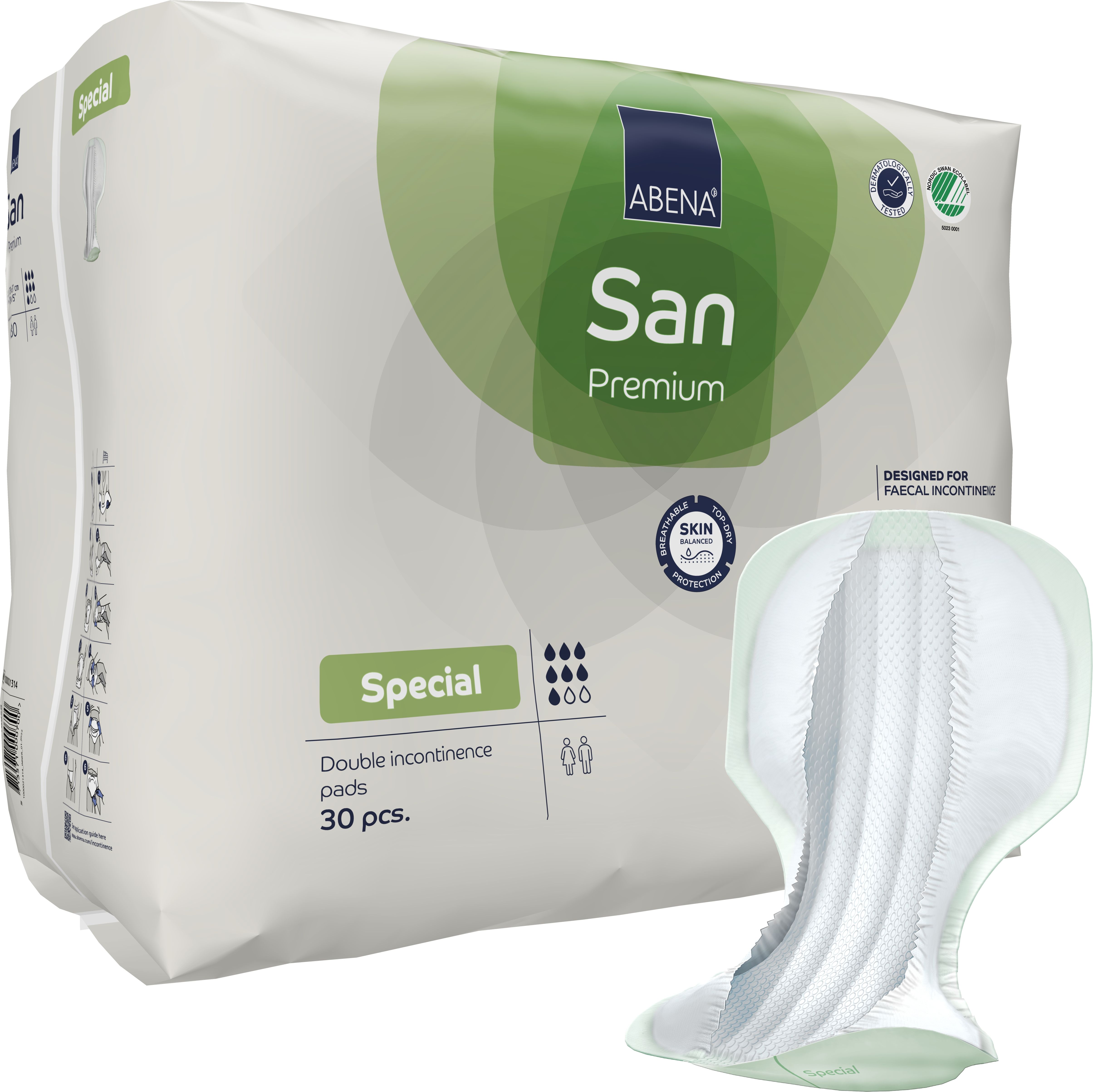 Verpackung mit Abena San Premium Special Inkontinenzeinlagen. 30 Stück. Mit Logo, Zertifizierungen und Produktabbildung.