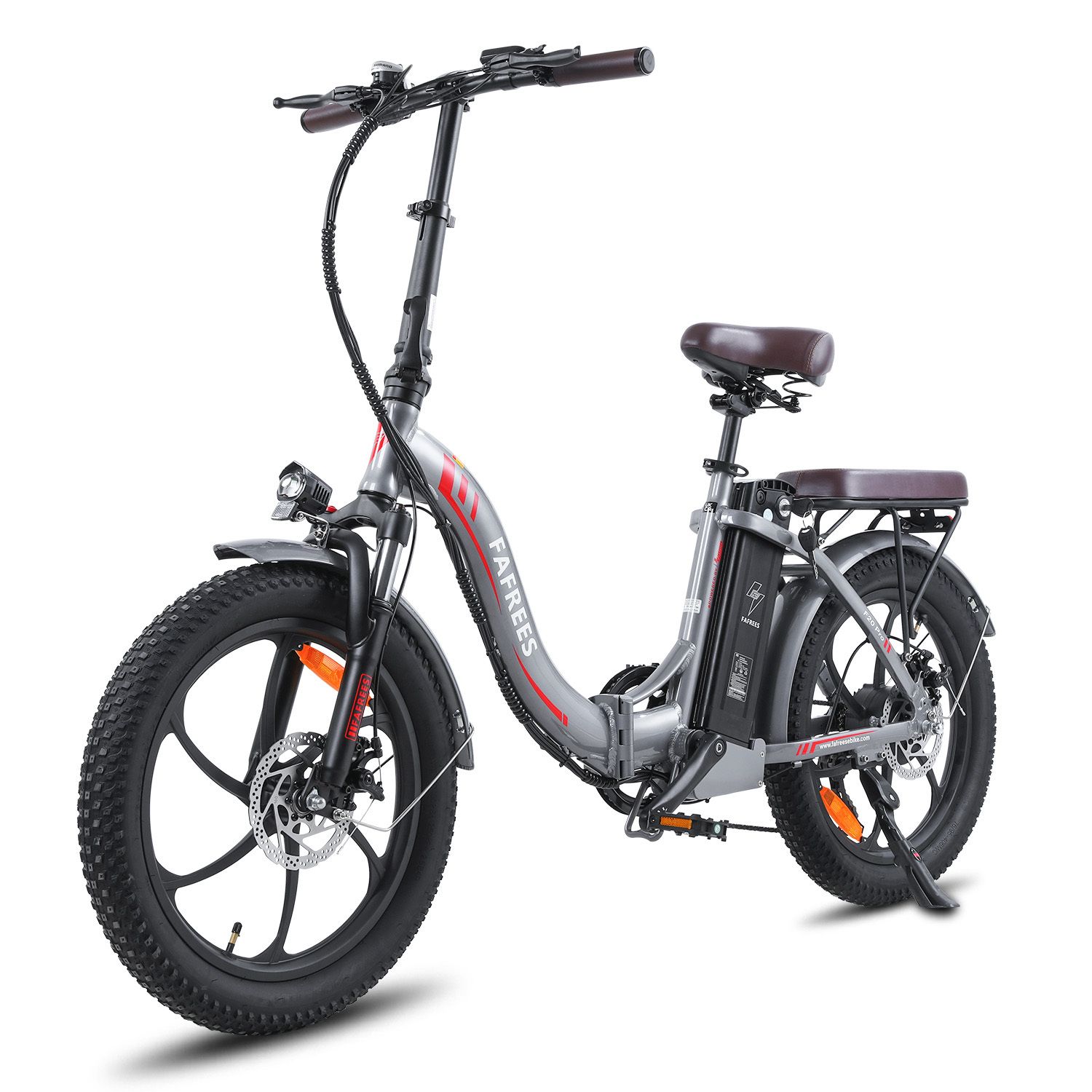 Graues E-Bike mit braunem Sattel und Gepäckträger. Schwarze Reifen und Felgen. Marke FAFREES.