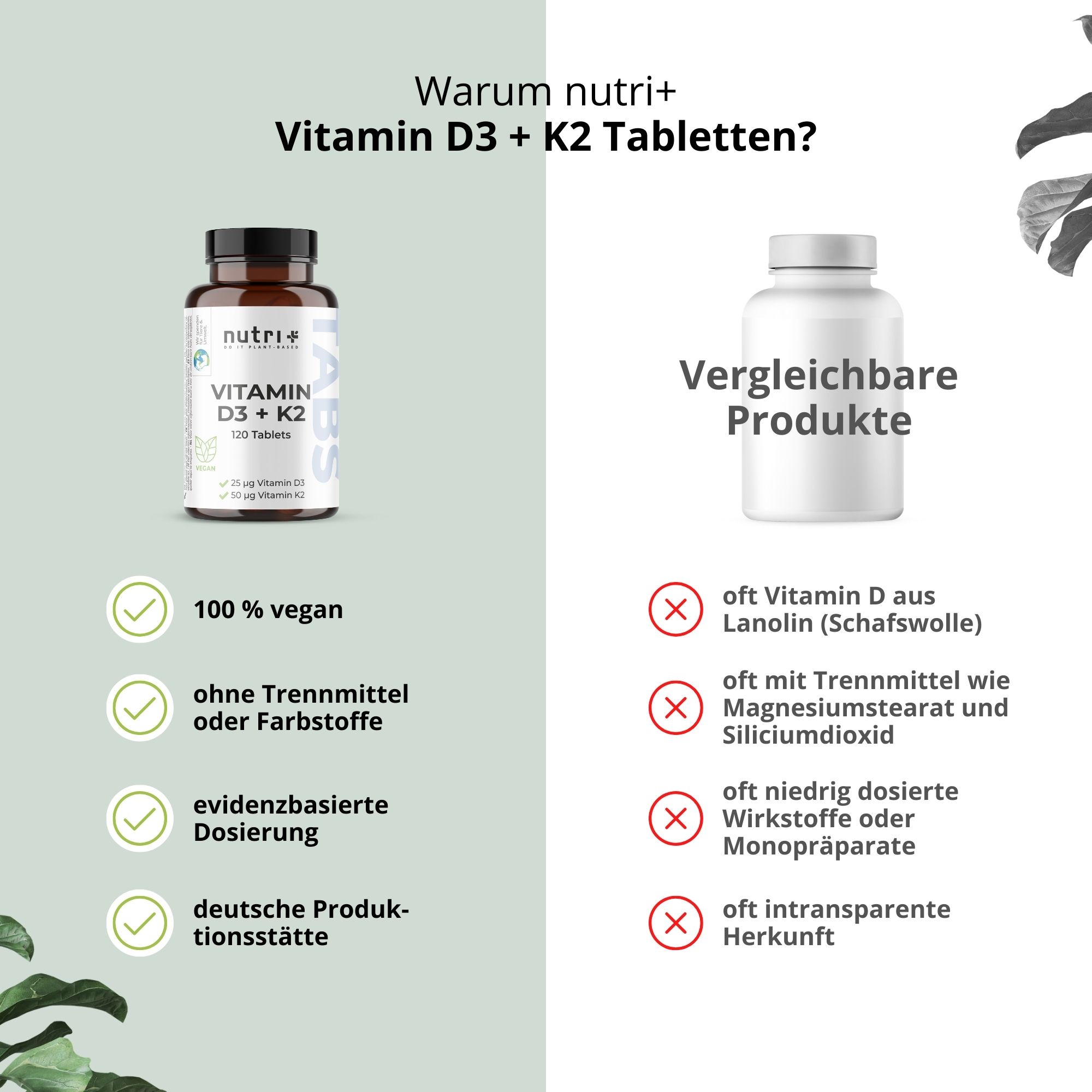 Vergleich: nutri+ Vitamin D3 + K2 Tabletten vs. ähnliche Produkte. Vorteile: vegan, ohne Zusatzstoffe, evidenzbasiert, deutsche Produktion.