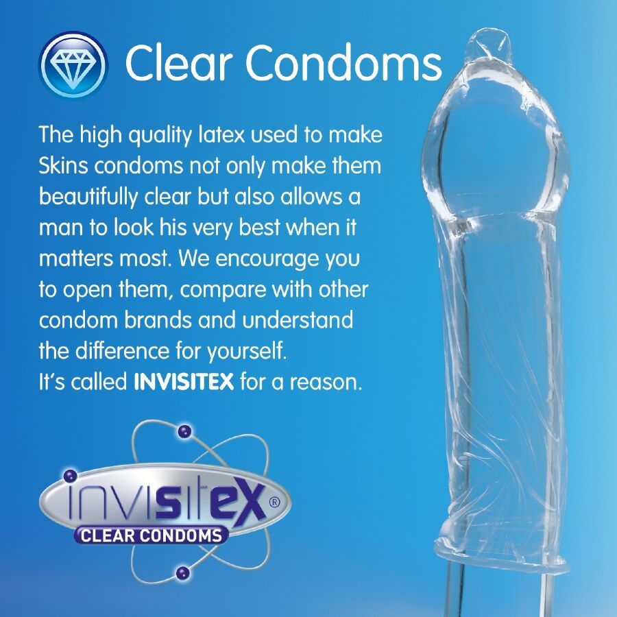 Klarer Kondom auf blauem Hintergrund. Text: Clear Condoms, Invisitex. Beschreibt die Eigenschaften von SKINS Kondomen.