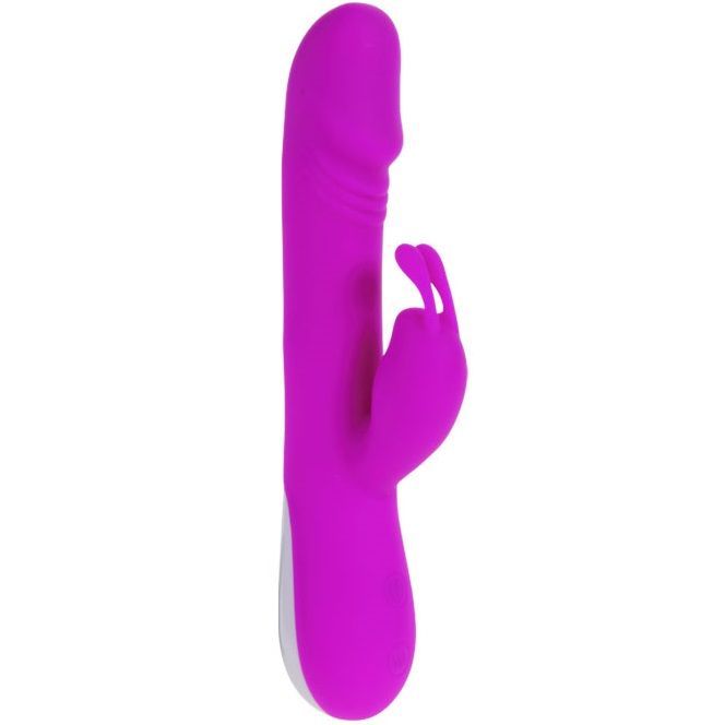 Lila Vibrator mit Klitoris-Stimulator. Weißer Akzent am unteren Ende. Auf weißem Hintergrund.