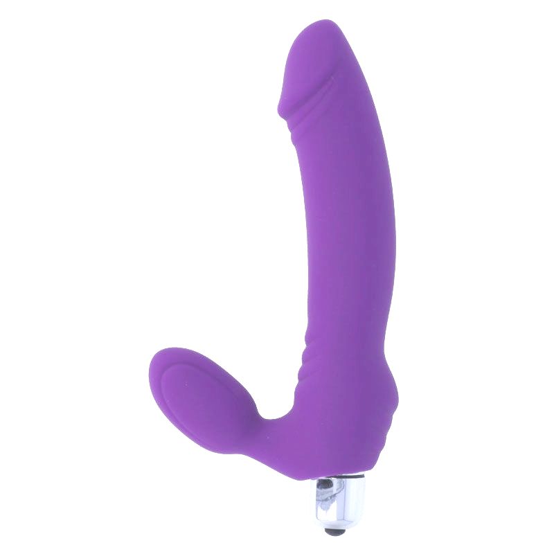 Lila Vibrator mit gebogener Form. Silikon-Material. Basis mit Metallakzent.