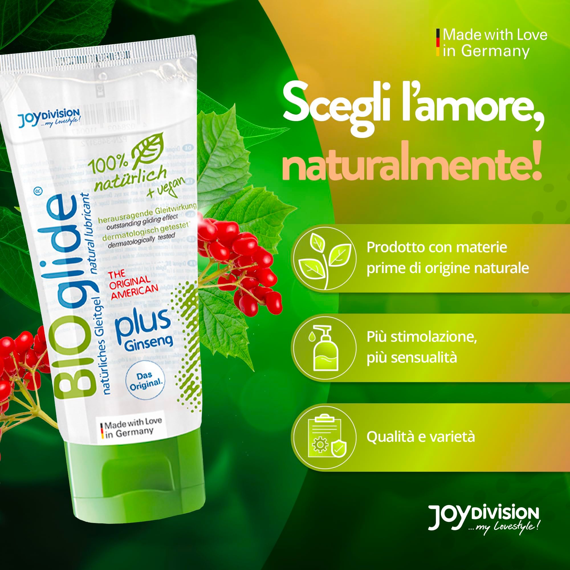 Tube Joydivision BIOglide plus Ginseng Gleitgel. "Made with Love in Germany". "Produkt aus natürlichen Rohstoffen".