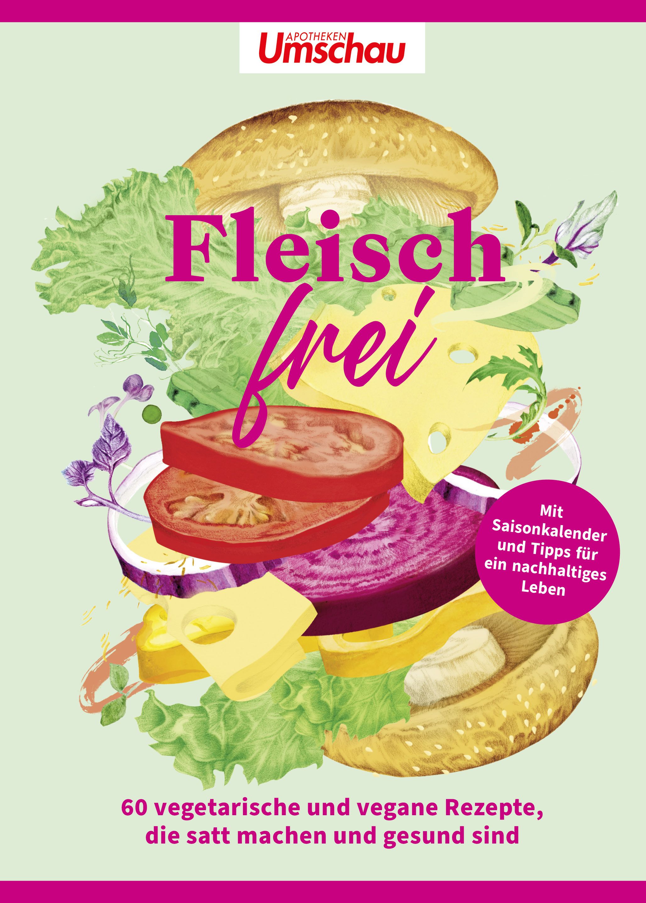 Buchcover mit dem Titel "Fleisch frei". Abgebildet sind Gemüse, Käse und ein Pilz. Der Verlag ist Apotheken Umschau.