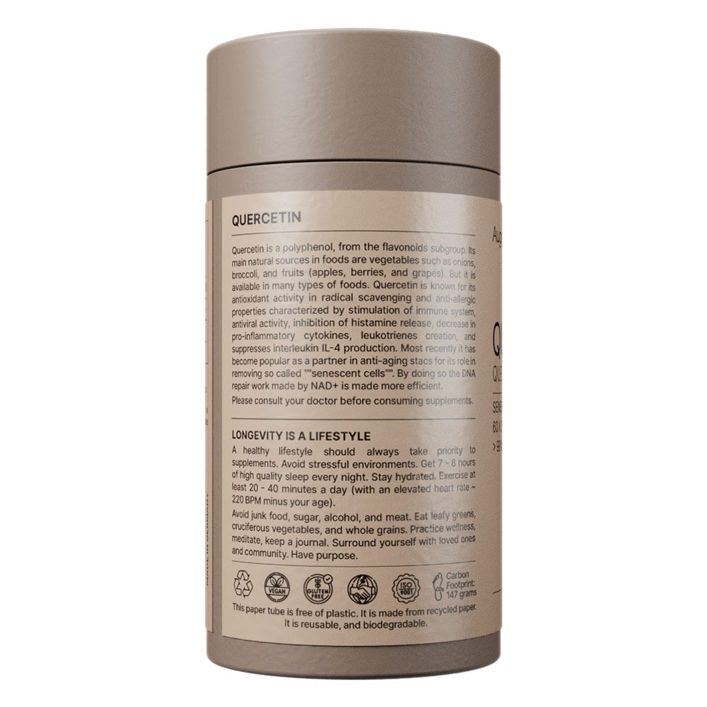 Braune Pappröhre mit Etikett, das "QUERCETIN" und Produktinformationen auflistet. Enthält 147 Gramm.