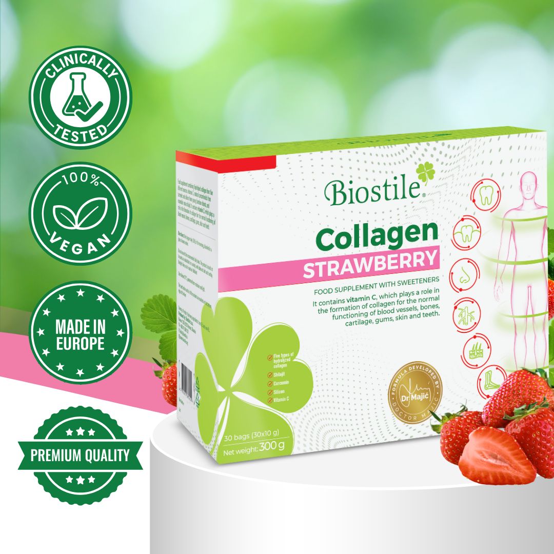 Biostile Collagen Strawberry Verpackung mit Siegeln: Klinisch getestet, Vegan, Made in Europe, Premium Quality.