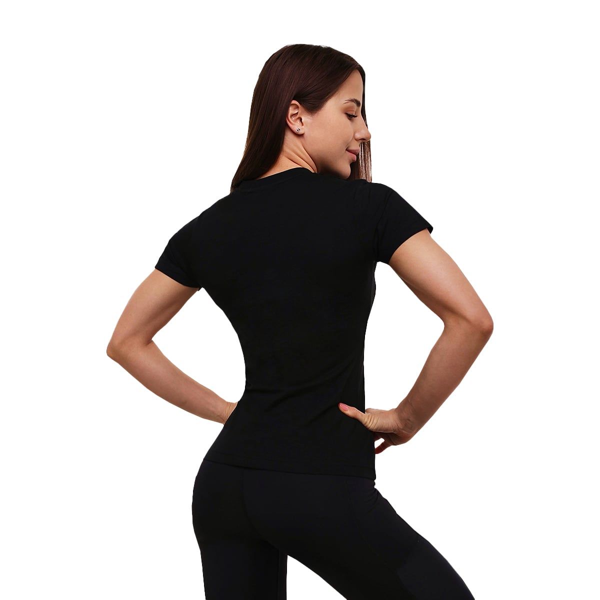 Rückansicht eines schwarzen, eng anliegenden Damen-T-Shirts mit kurzem Arm.
