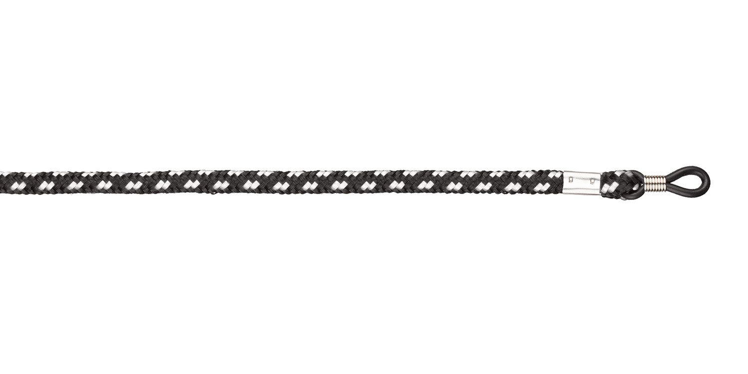 Brillenband, schwarz-weiß gemustert. Mit Schlaufe zur Befestigung an Brillenbügeln. Metallverbindung.