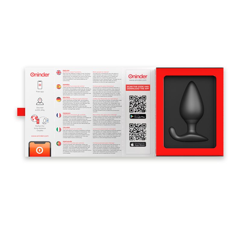 Verpackung mit Analplug und Anleitungen. Produktname Oninder. Mehrsprachige Anweisungen und QR-Codes.